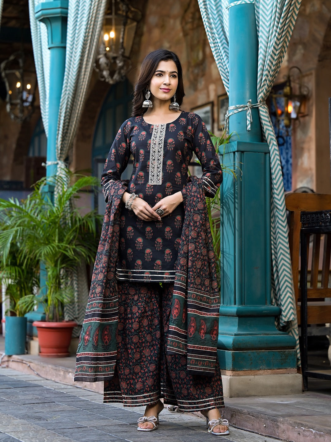 Yufta Black Floral Zari_Work Kurta Sharara With Dupatta Set