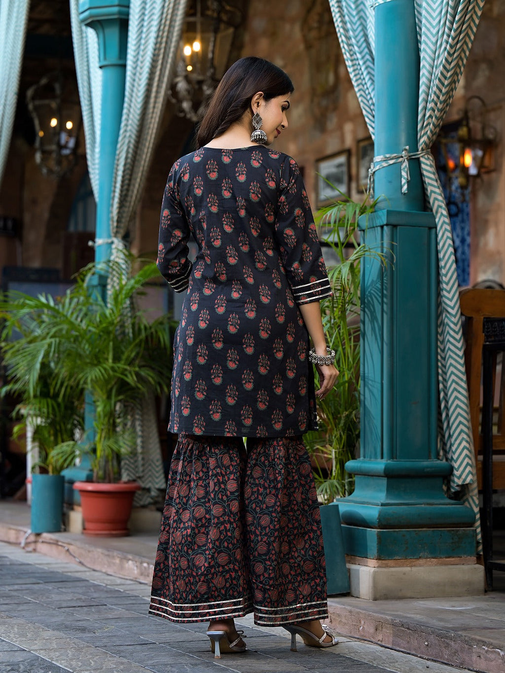 Yufta Black Floral Zari_Work Kurta Sharara With Dupatta Set