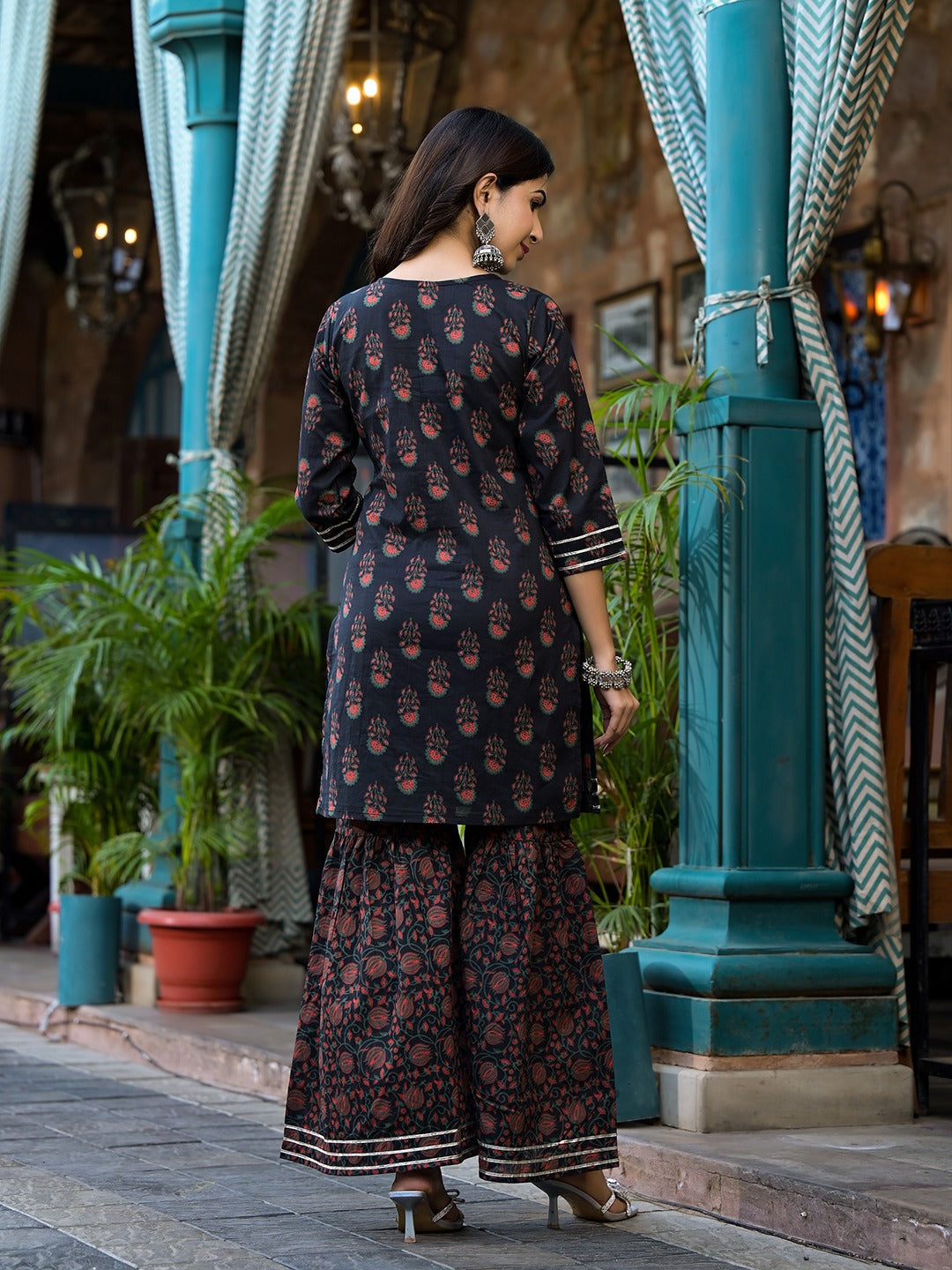 Yufta Black Floral Zari_Work Kurta Sharara With Dupatta Set