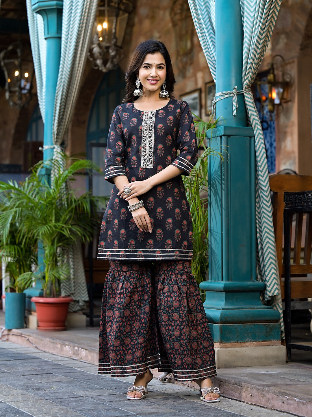 Yufta Black Floral Zari_Work Kurta Sharara With Dupatta Set