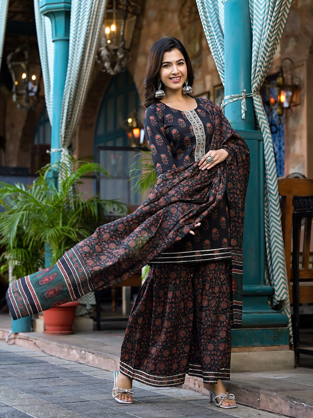 Yufta Black Floral Zari_Work Kurta Sharara With Dupatta Set