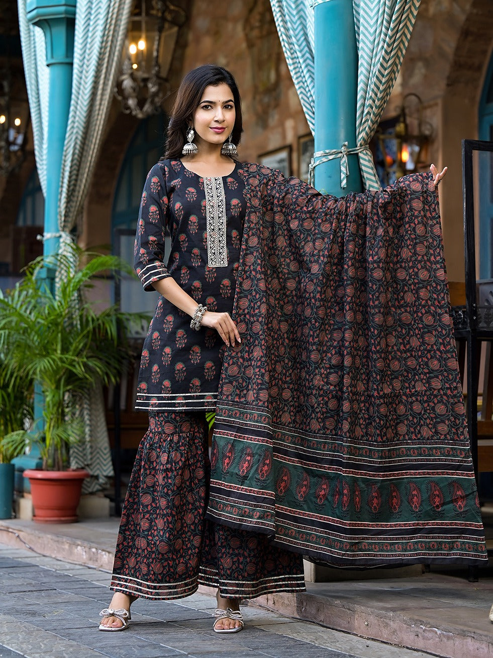 Yufta Black Floral Zari_Work Kurta Sharara With Dupatta Set