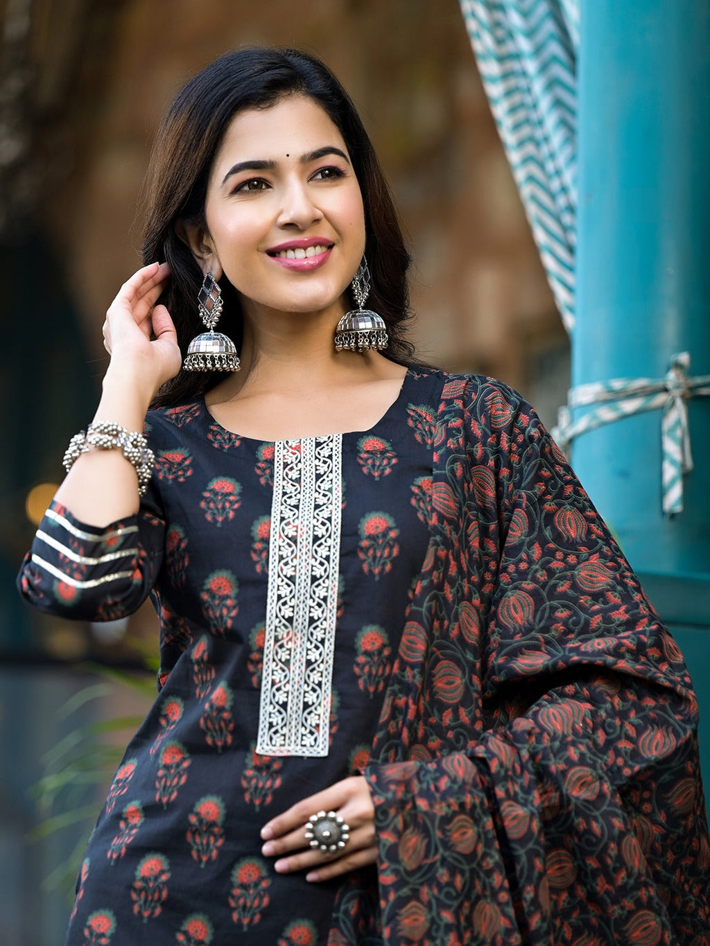 Yufta Black Floral Zari_Work Kurta Sharara With Dupatta Set