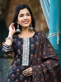 Yufta Black Floral Zari_Work Kurta Sharara With Dupatta Set