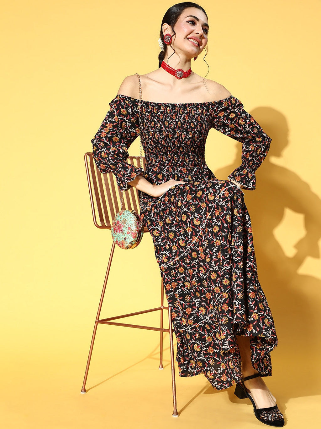 Yufta Black & Mustard Ethnic Printed Dress