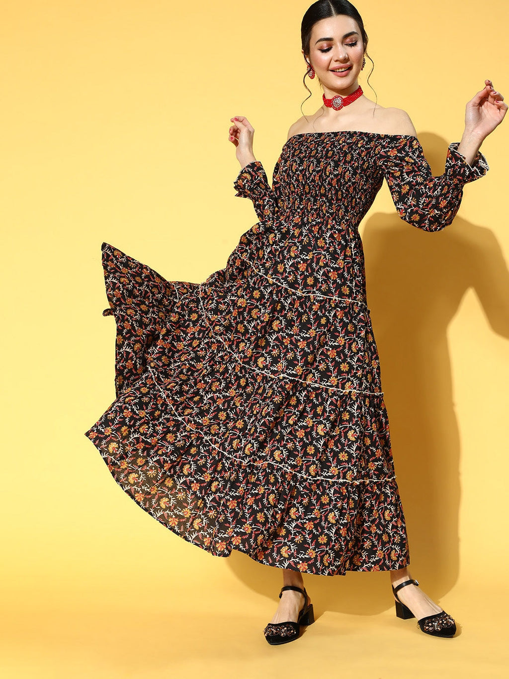 Yufta Black & Mustard Ethnic Printed Dress