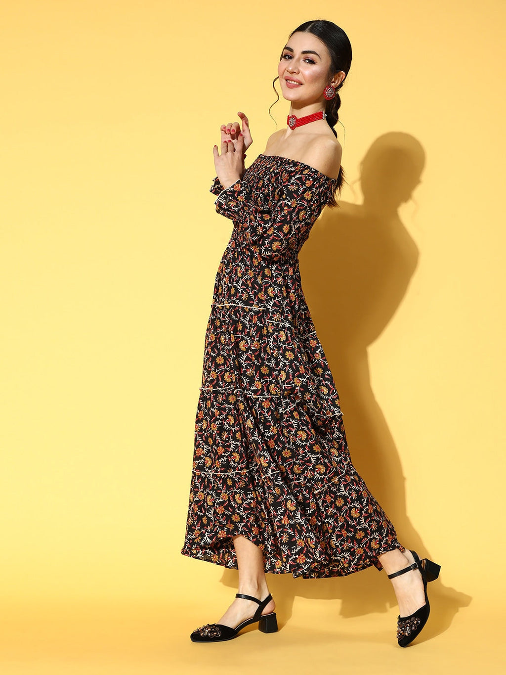 Yufta Black & Mustard Ethnic Printed Dress