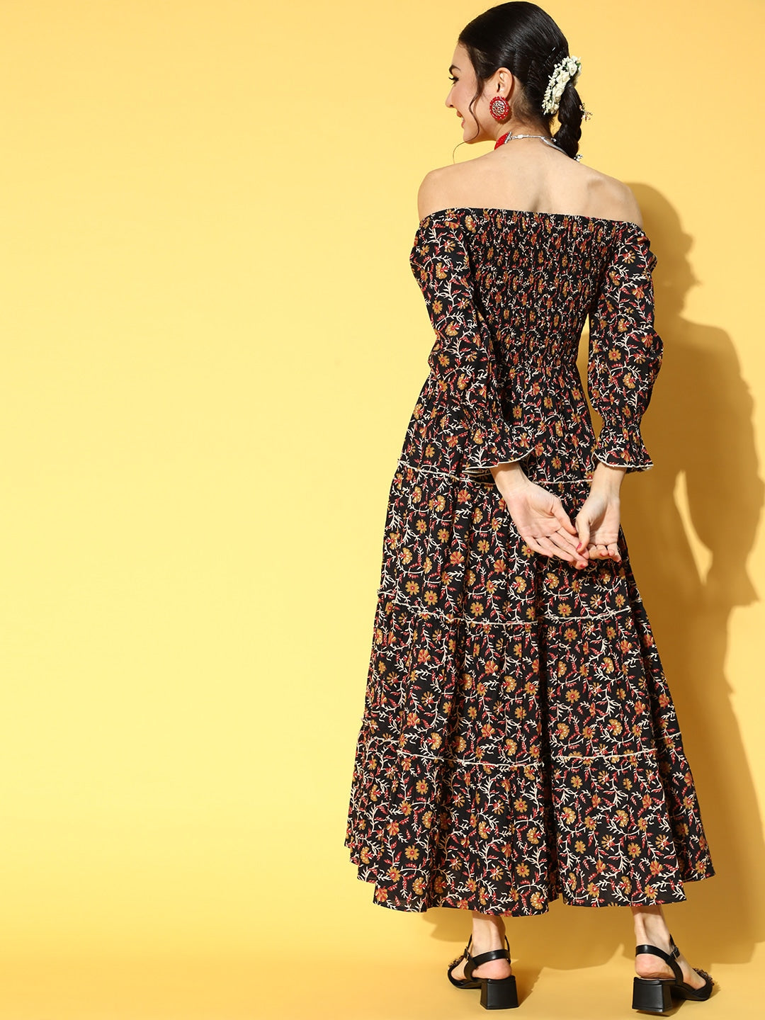 Yufta Black & Mustard Ethnic Printed Dress