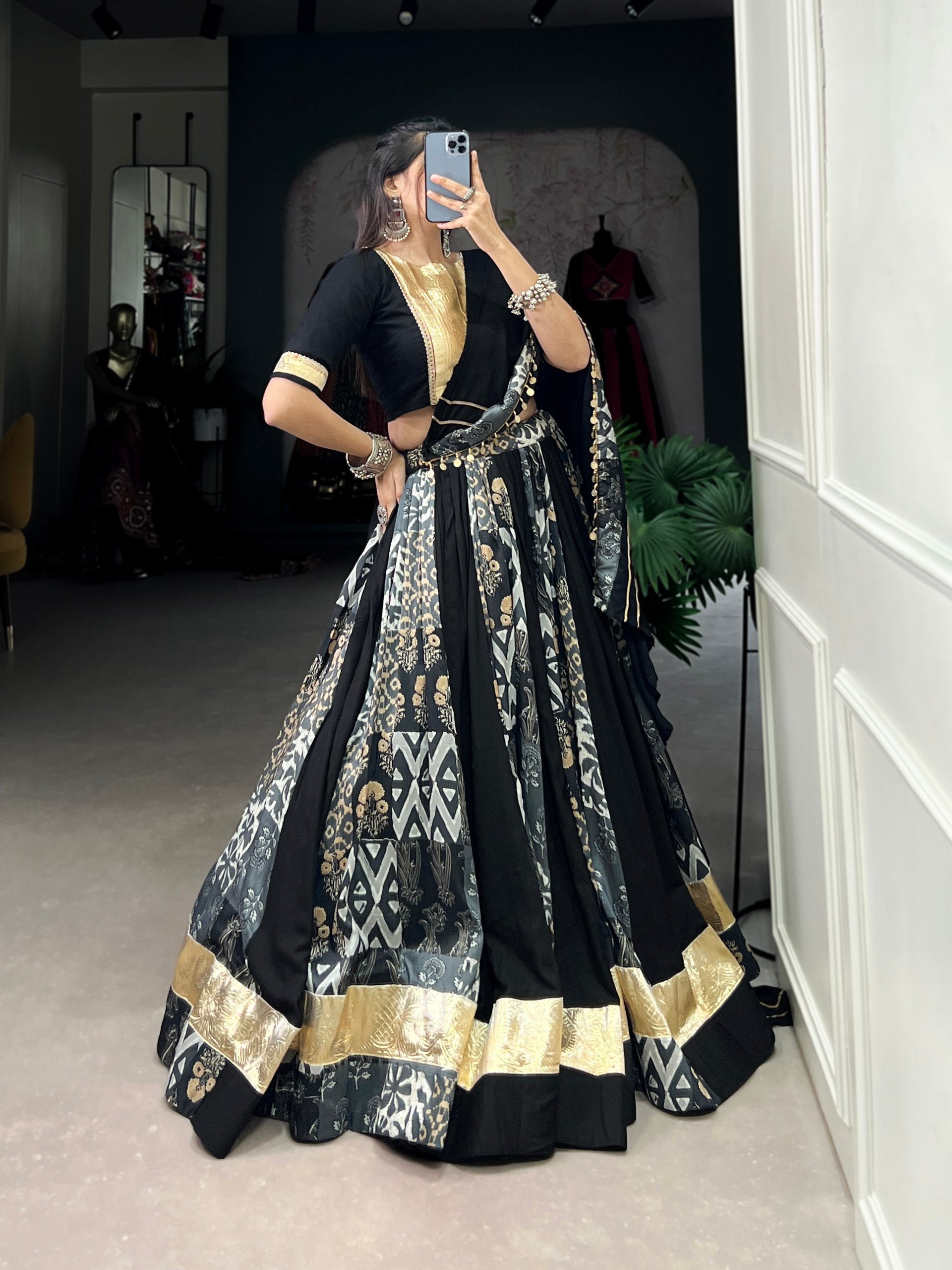 Lorenvalley Rayon and Tussar Silk Black Plain And Printed With Embossed Design Gota Lace Lehenga Choli with Dupatta