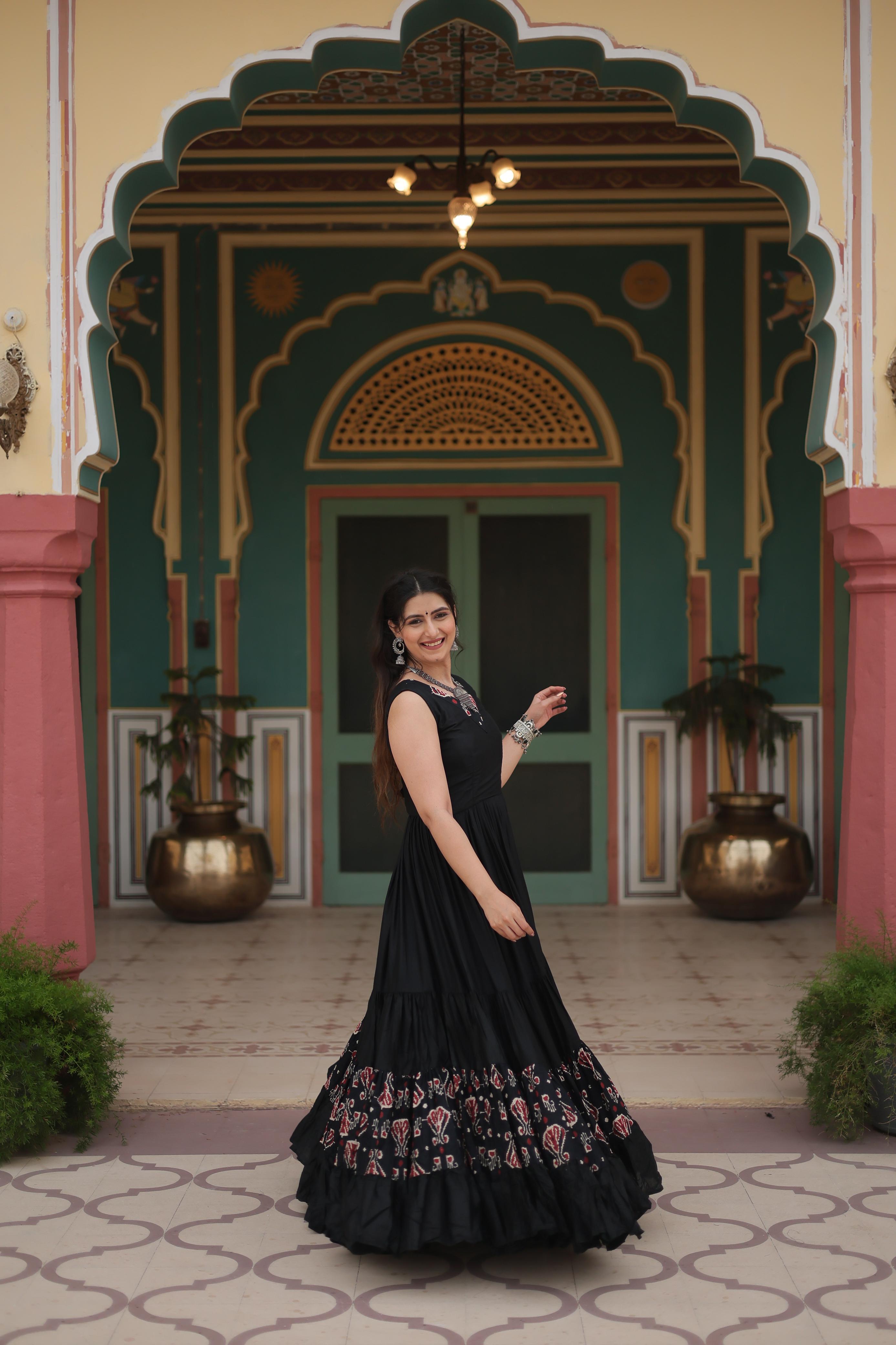 Lorenvalley Black Rayon Fabric with Printed Attached In Frill And Neck Gown