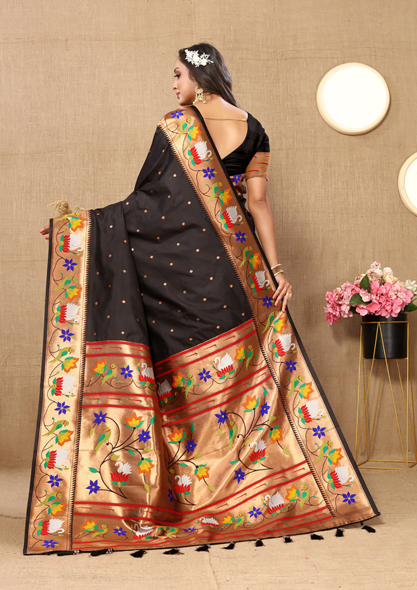 Lorenvalley Fashion Black Soft Paithani Silk Woven Design Rich Zari Meenakari Weaving Saree