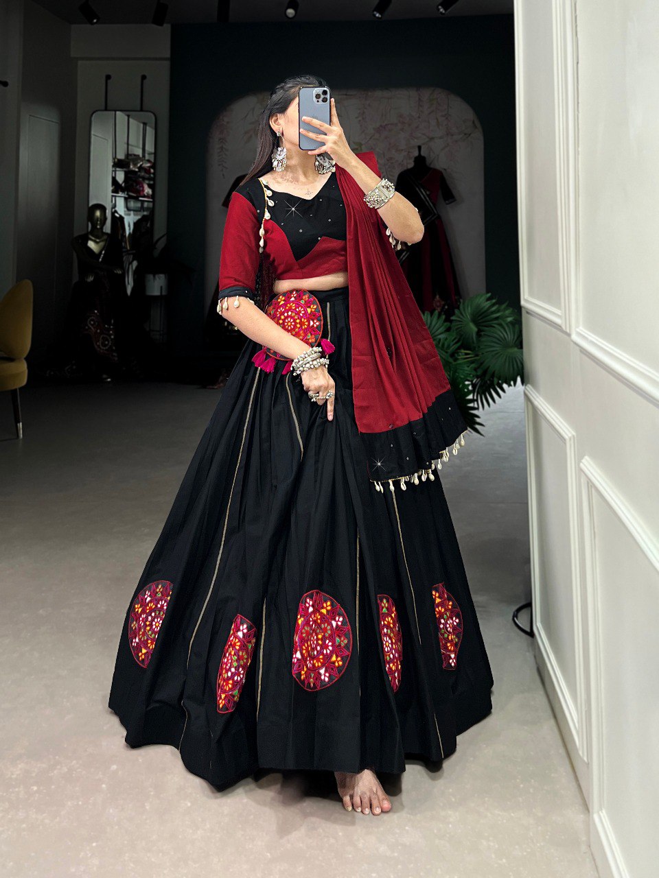 Lorenvalley Black Pure Cotton Plain And Gamthi Patch Work With Gota Patti Lehenga Choli with Dupatta