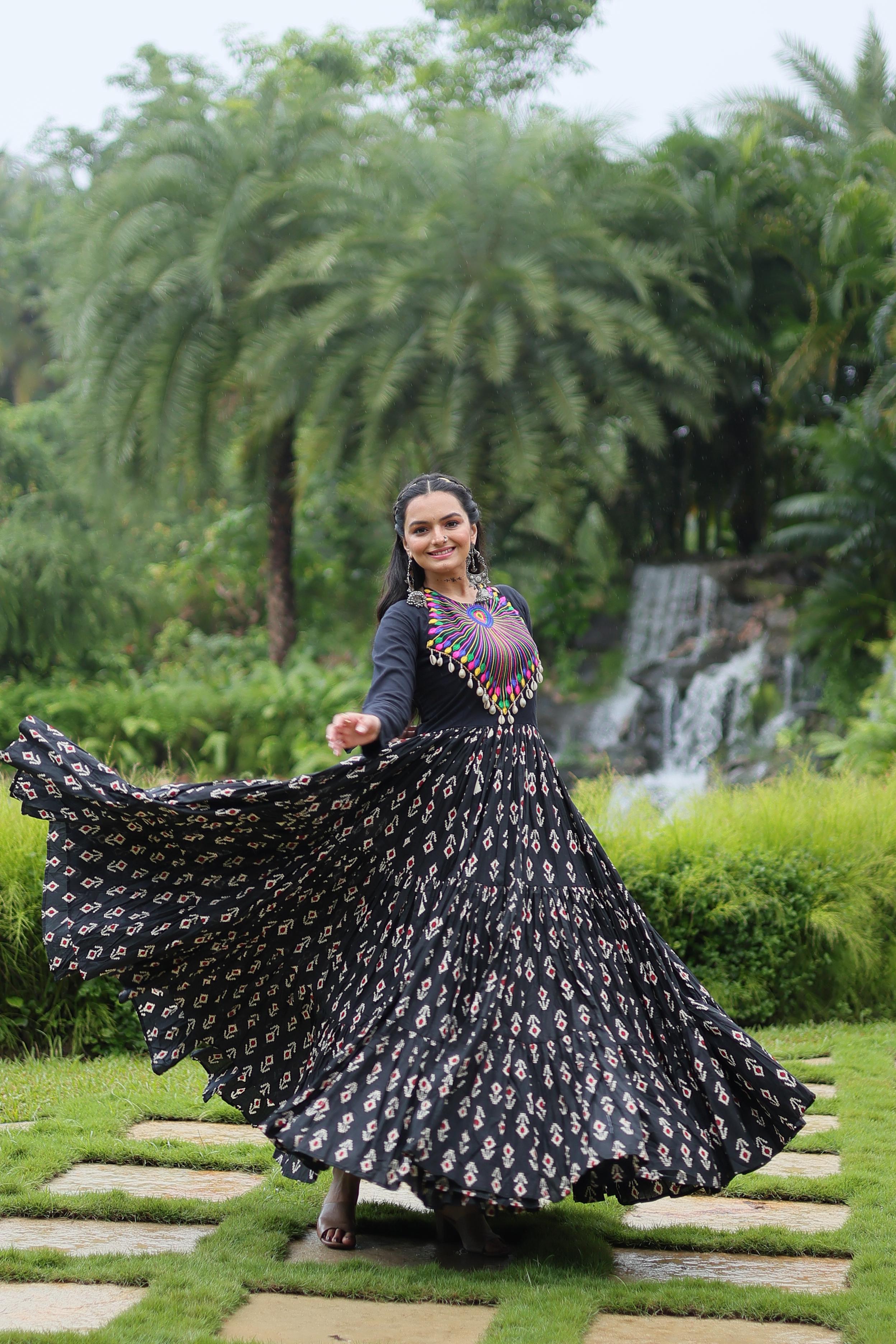 Lorenvalley Black Cotton Printed With Kutchi Gamthi Work and Kodi Lace Gown