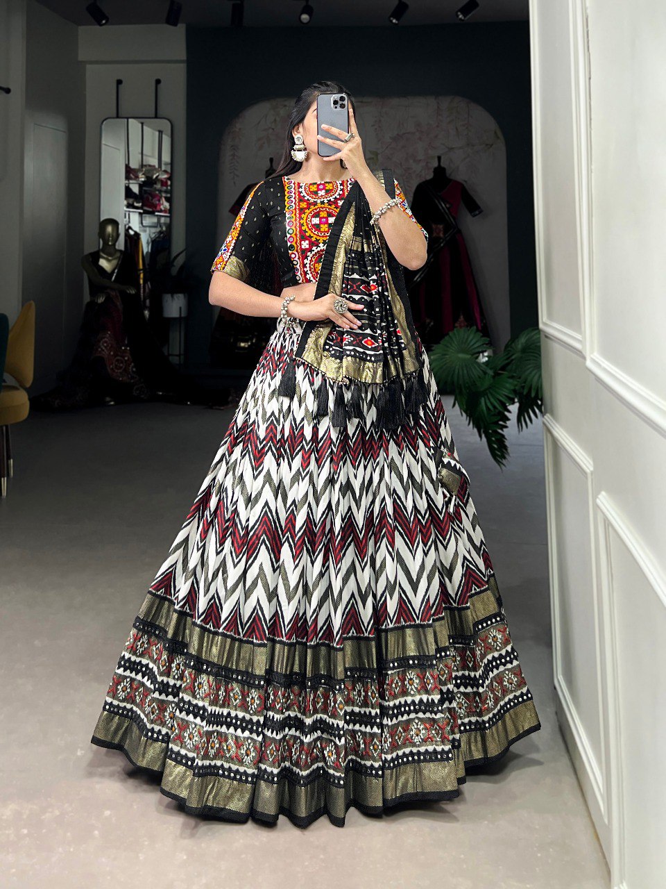 Lorenvalley Tussar Silk Black Leheriya Print with Foil Print and Paper Mirror Work Lace Lehenga Choli with Dupatta