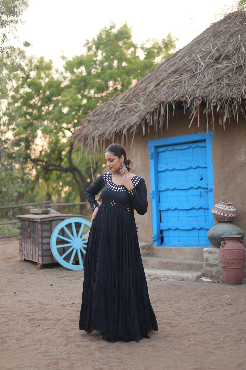 Lorenvalley Black Rayon Fabric With Real Mirror Work Gown
