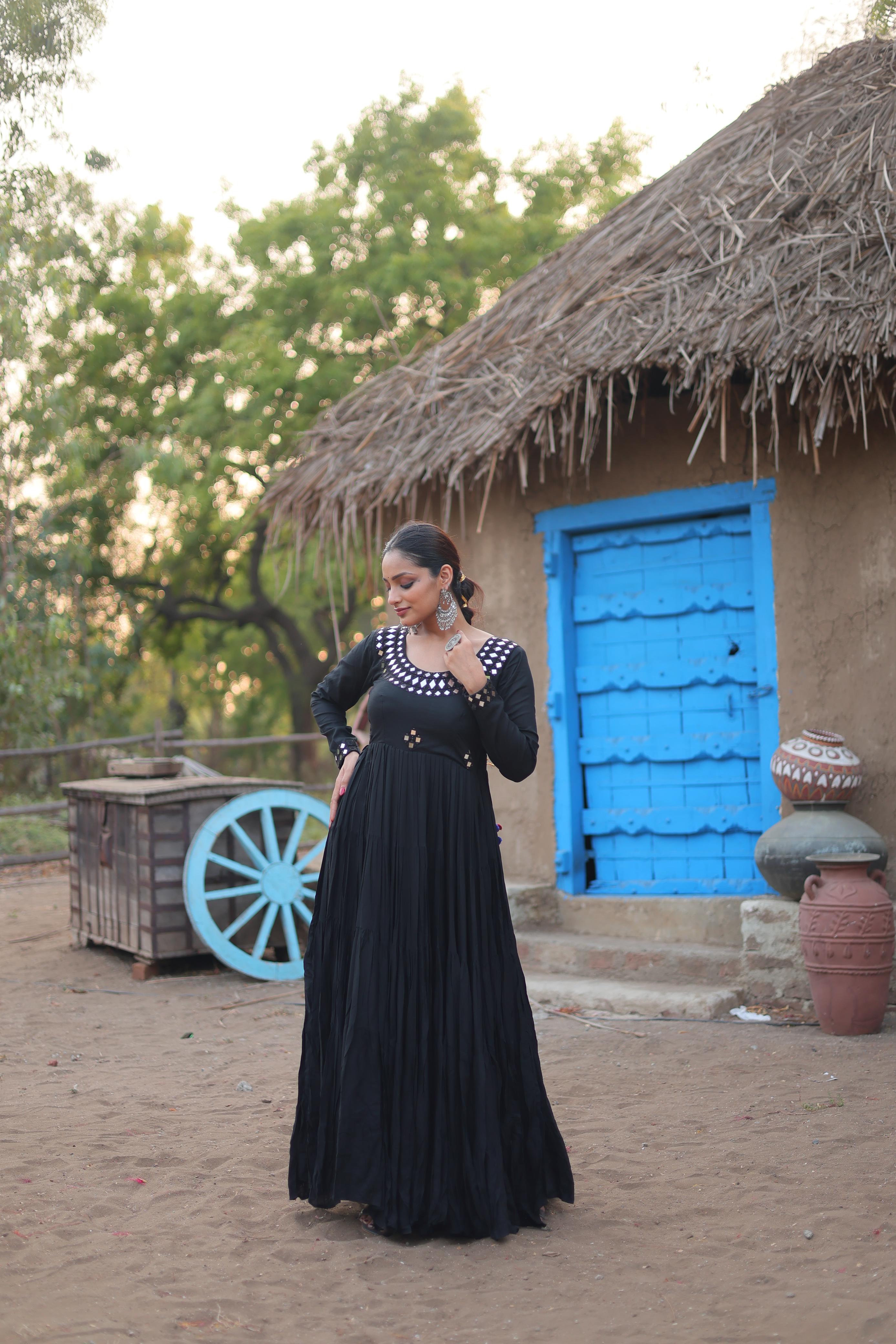 Lorenvalley Black Rayon Fabric With Real Mirror Work Gown