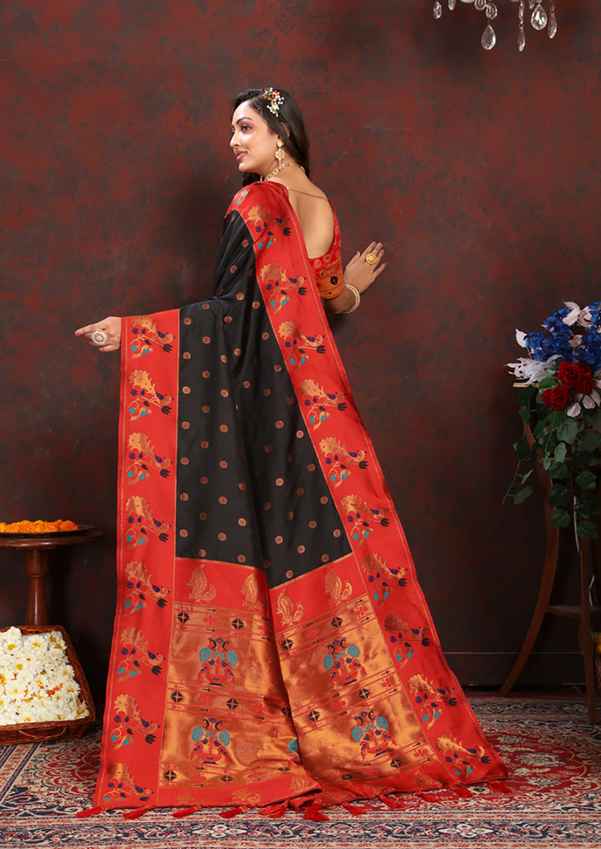 Lorenvalley Fashion Black Soft Paithani Silk Woven Design Rich Zari Meenakari Weaving Saree