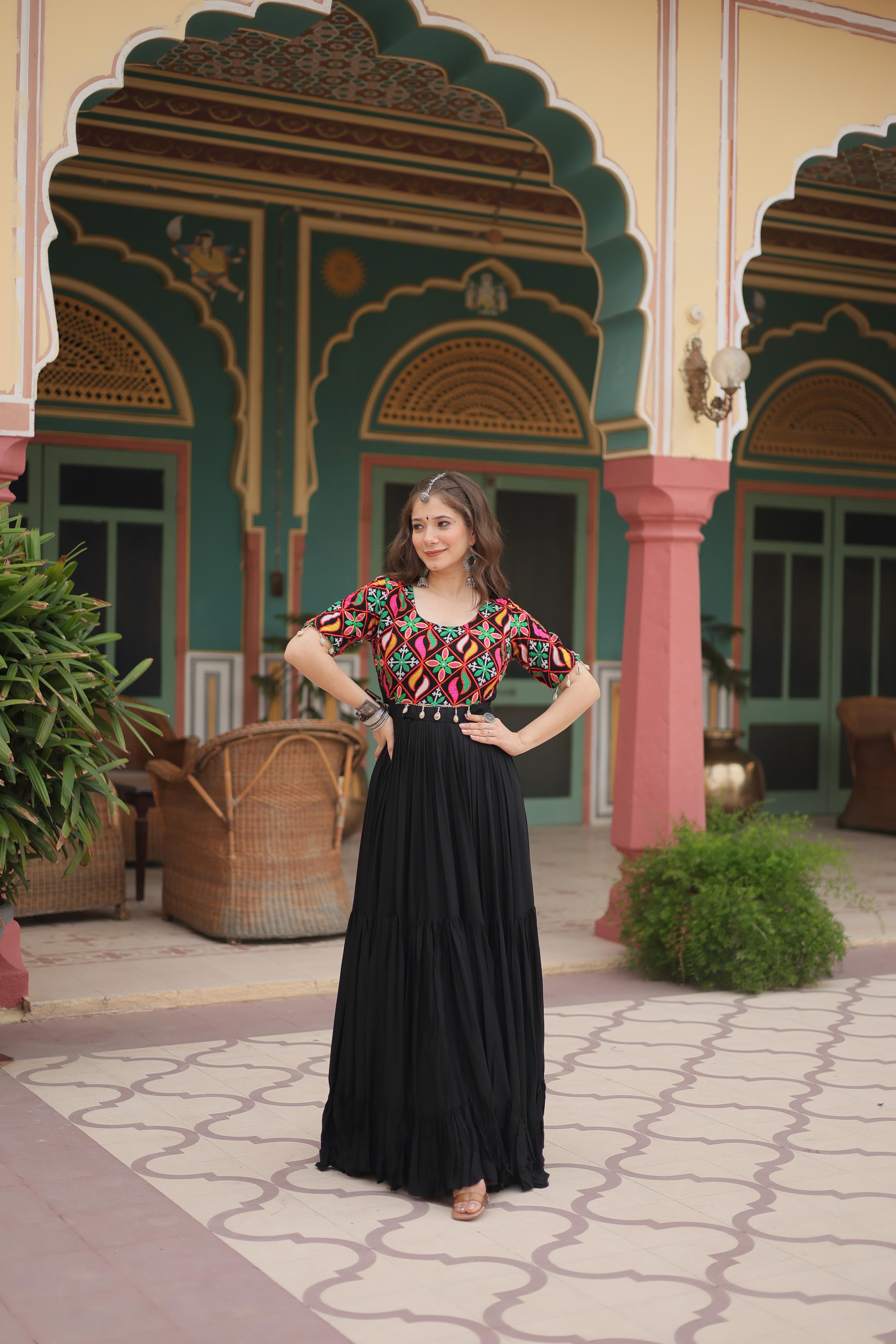 Lorenvalley Black Rayon Fabric with Kutchi Gamthi Kodi work Gown