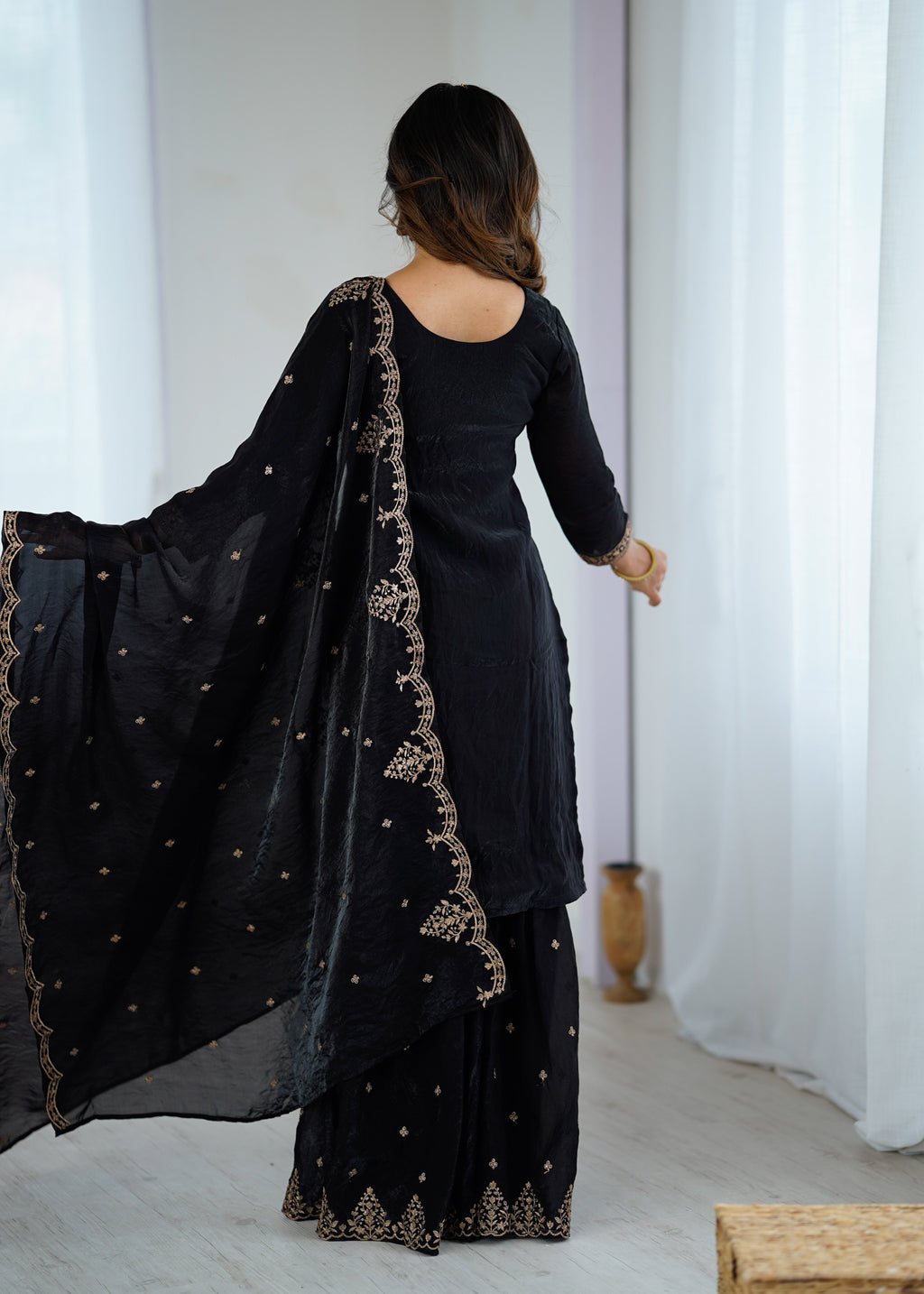 Lorenvalley Black Soft Crunchy Silk with Embroidery Sequence and Jari Work Kurta Palazzo with Dupatta