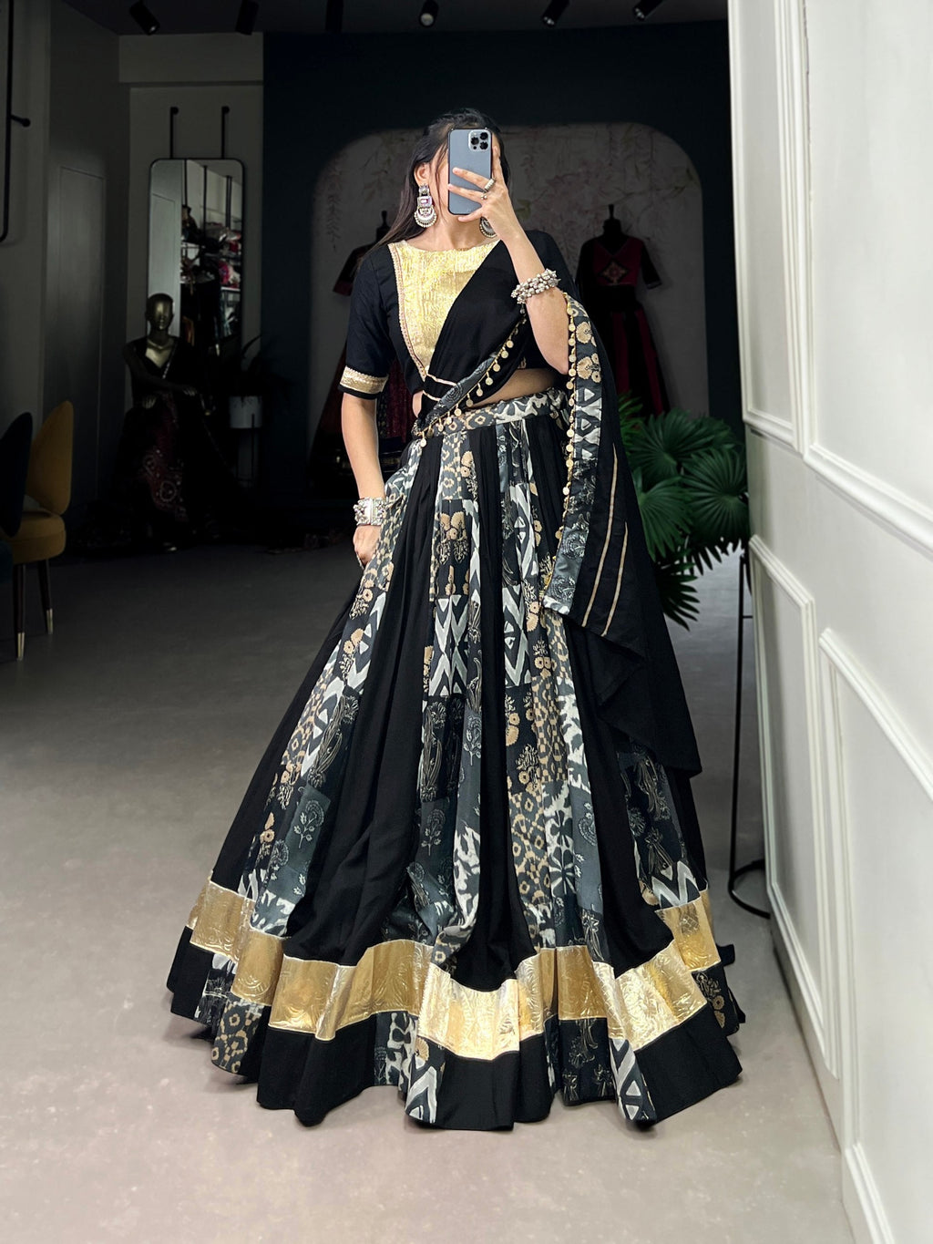 Lorenvalley Rayon and Tussar Silk Black Plain And Printed With Embossed Design Gota Lace Lehenga Choli with Dupatta