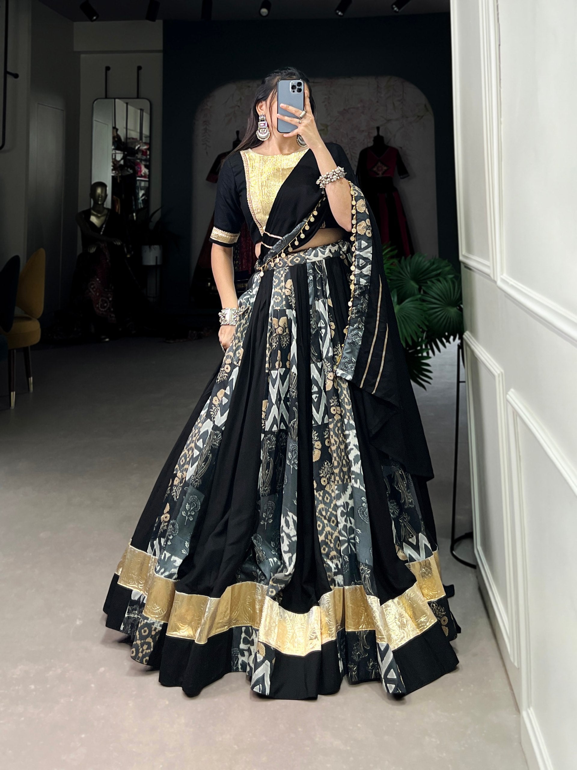 Lorenvalley Rayon and Tussar Silk Black Plain And Printed With Embossed Design Gota Lace Lehenga Choli with Dupatta