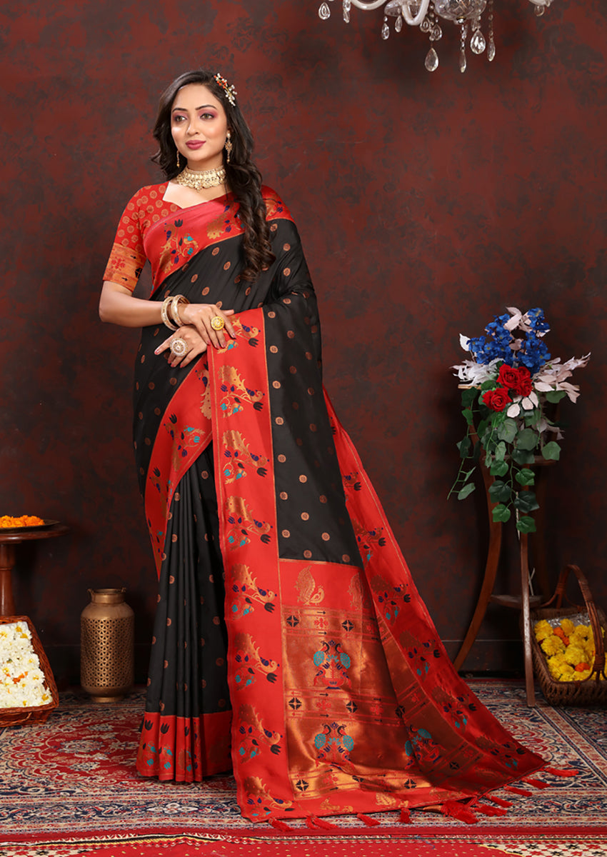 Lorenvalley Fashion Black Soft Paithani Silk Woven Design Rich Zari Meenakari Weaving Saree
