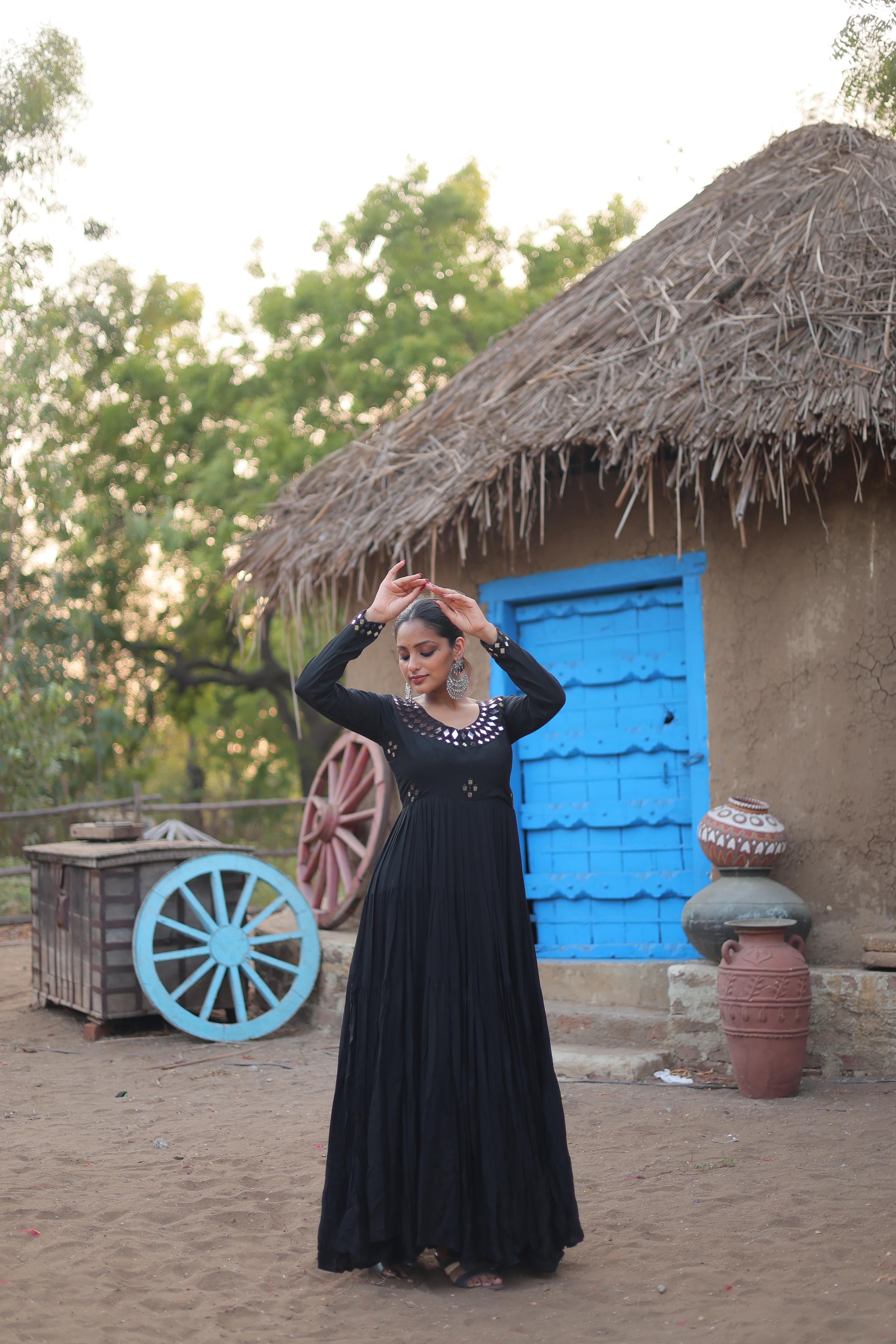 Lorenvalley Black Rayon Fabric With Real Mirror Work Gown