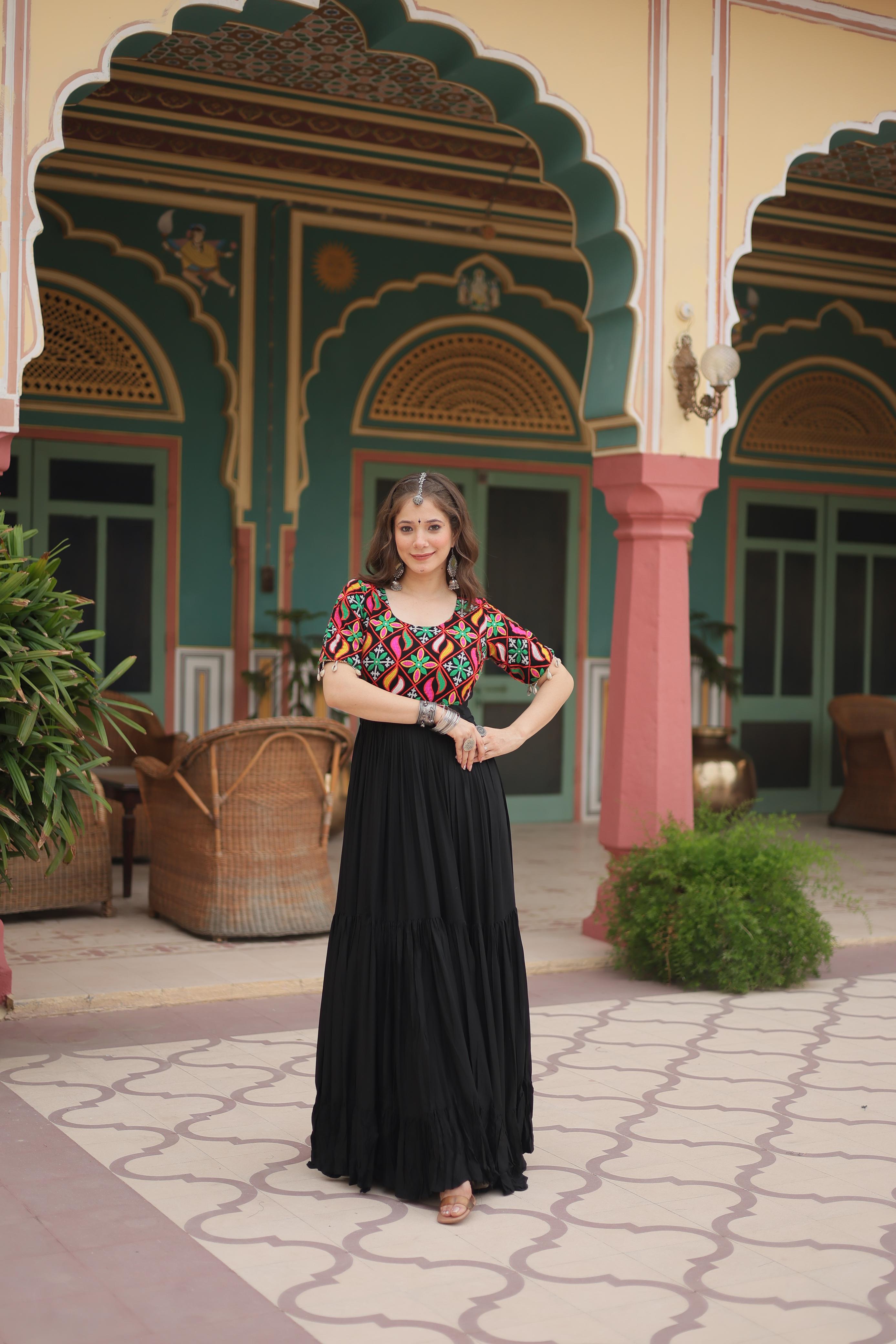 Lorenvalley Black Rayon Fabric with Kutchi Gamthi Kodi work Gown