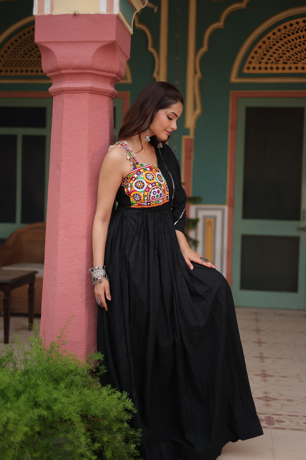 Lorenvalley Black Rayon Fabric with Designer Lace Gown
