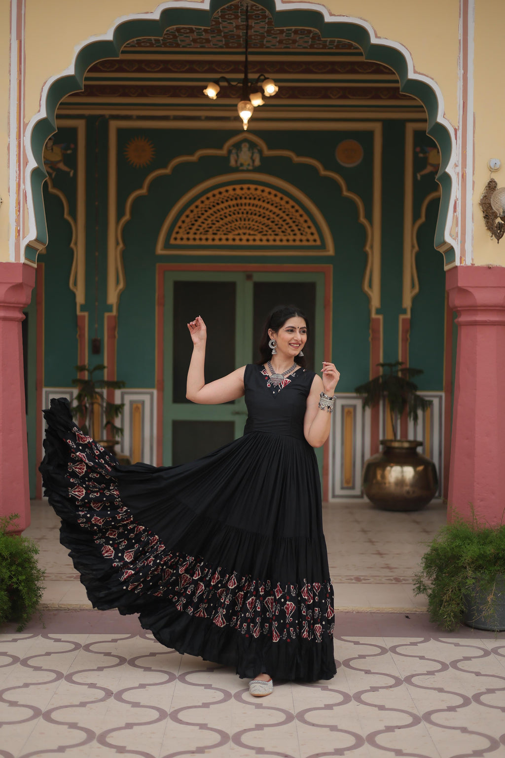 Lorenvalley Black Rayon Fabric with Printed Attached In Frill And Neck Gown