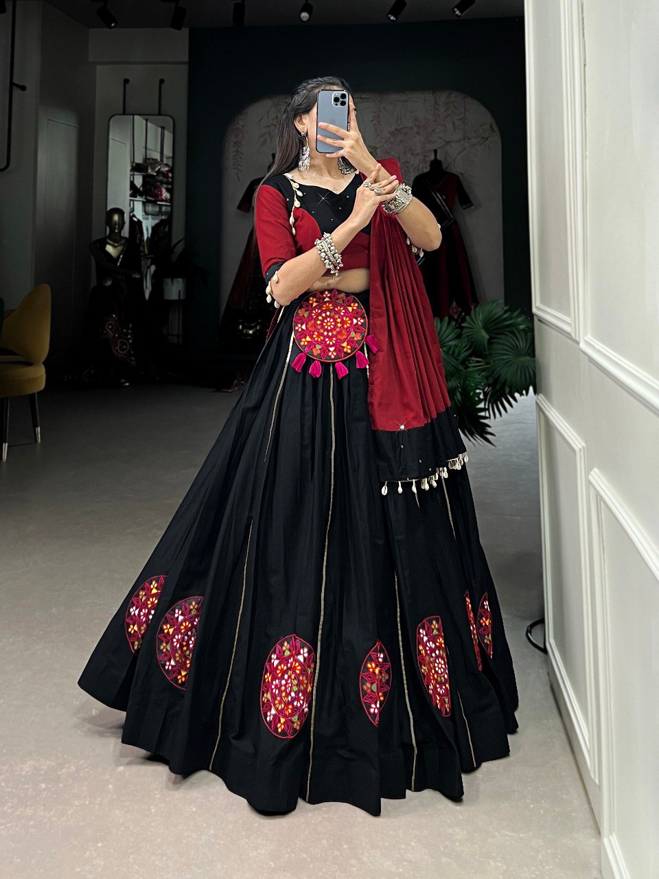 Lorenvalley Black Pure Cotton Plain And Gamthi Patch Work With Gota Patti Lehenga Choli with Dupatta