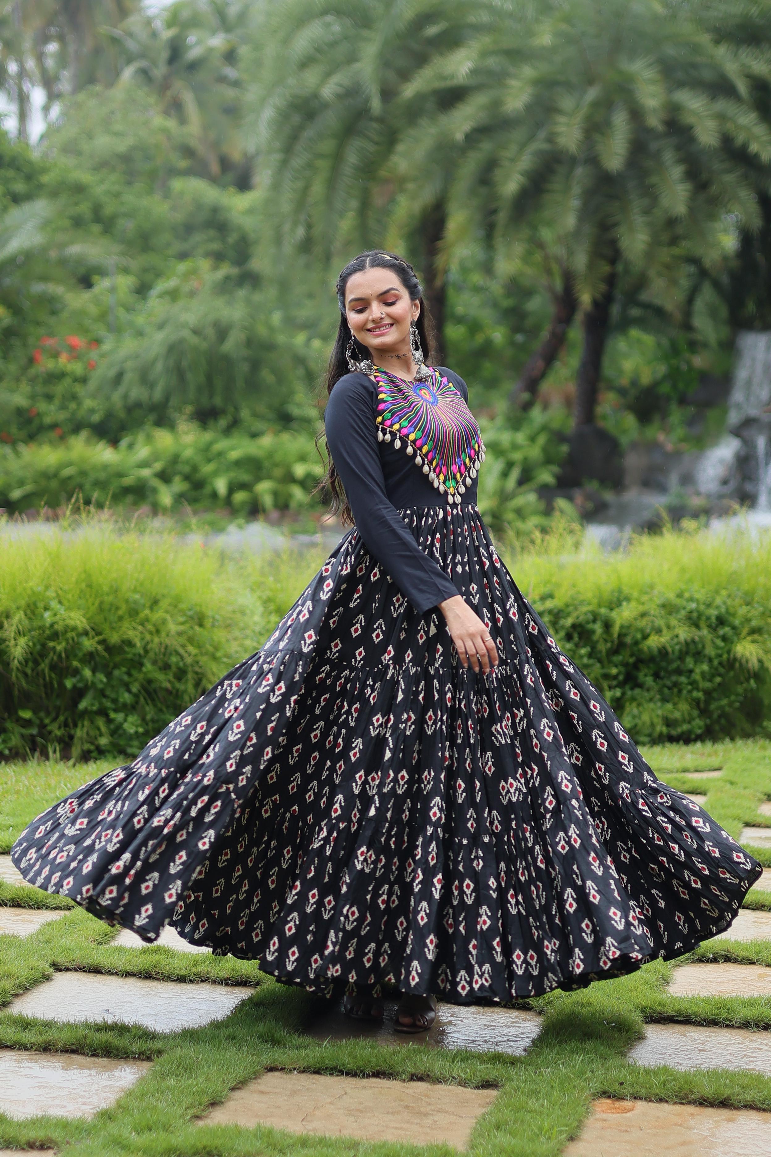 Lorenvalley Black Cotton Printed With Kutchi Gamthi Work and Kodi Lace Gown