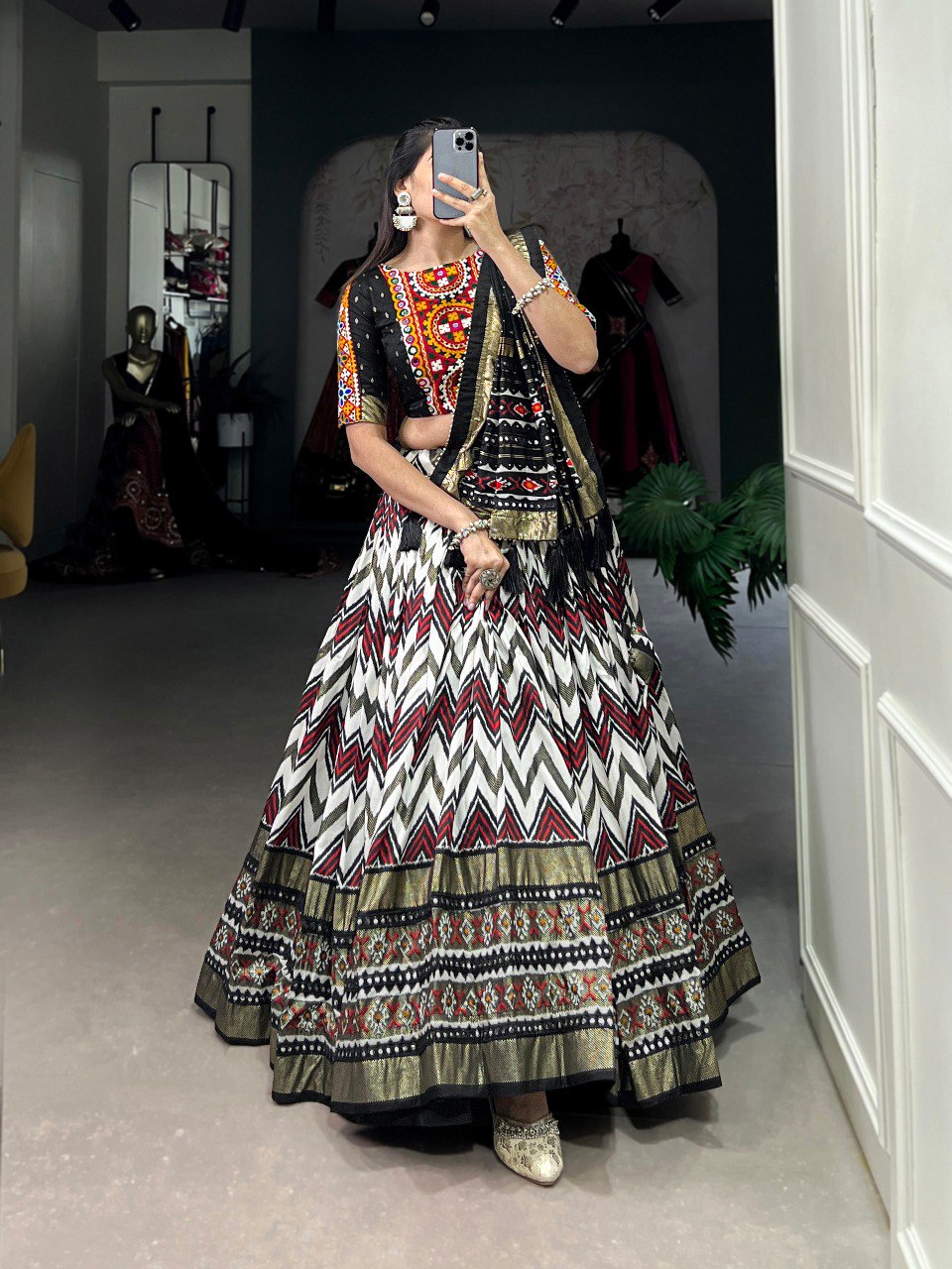 Lorenvalley Black Tussar Silk Leheriya Print with Foil Print and Paper Mirror Work Lace Lehenga Choli with Dupatta