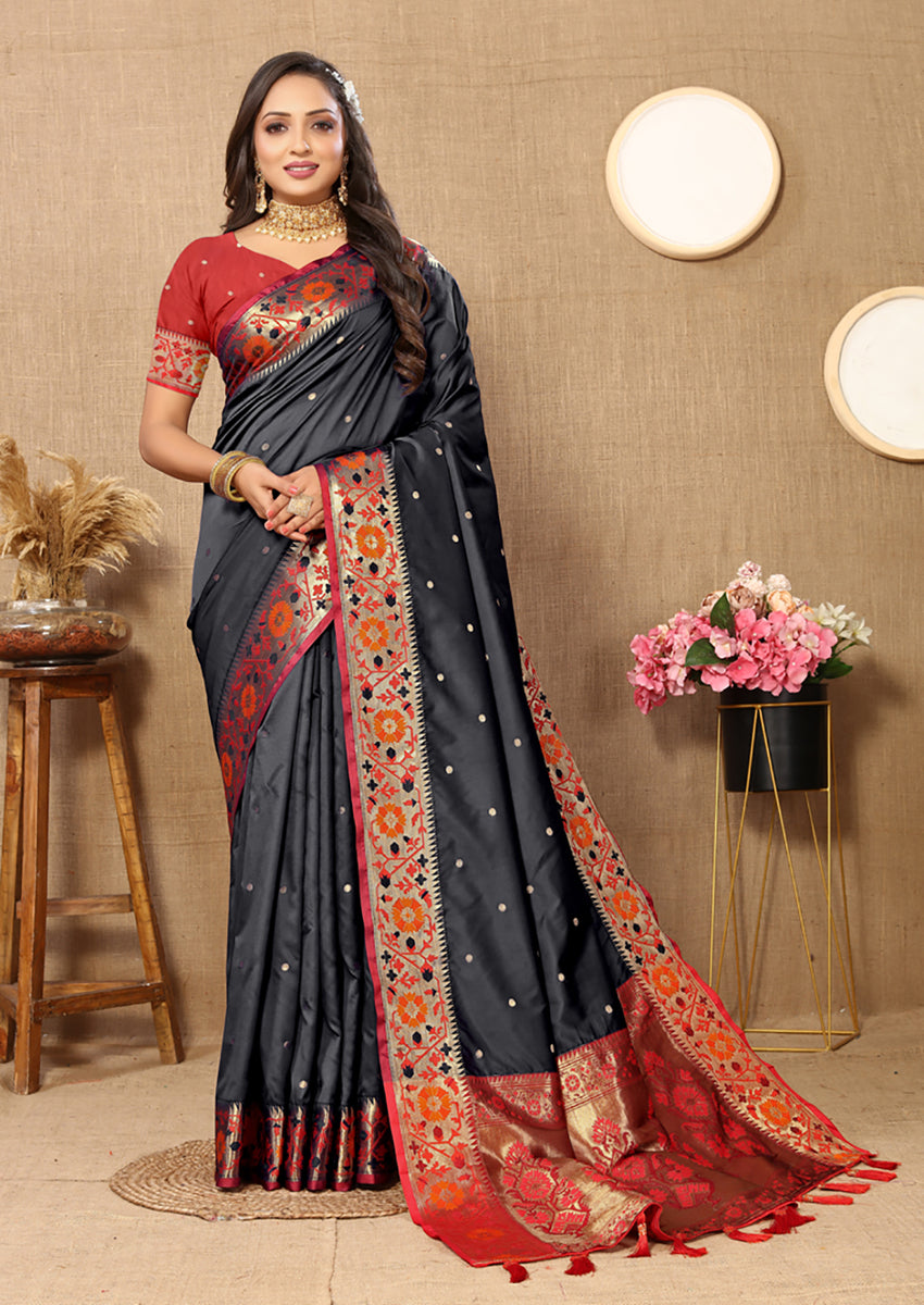 Lorenvalley Fashion Black Soft Paithani Silk Woven Design Rich Meenakari Zari Weaving Pallu Saree