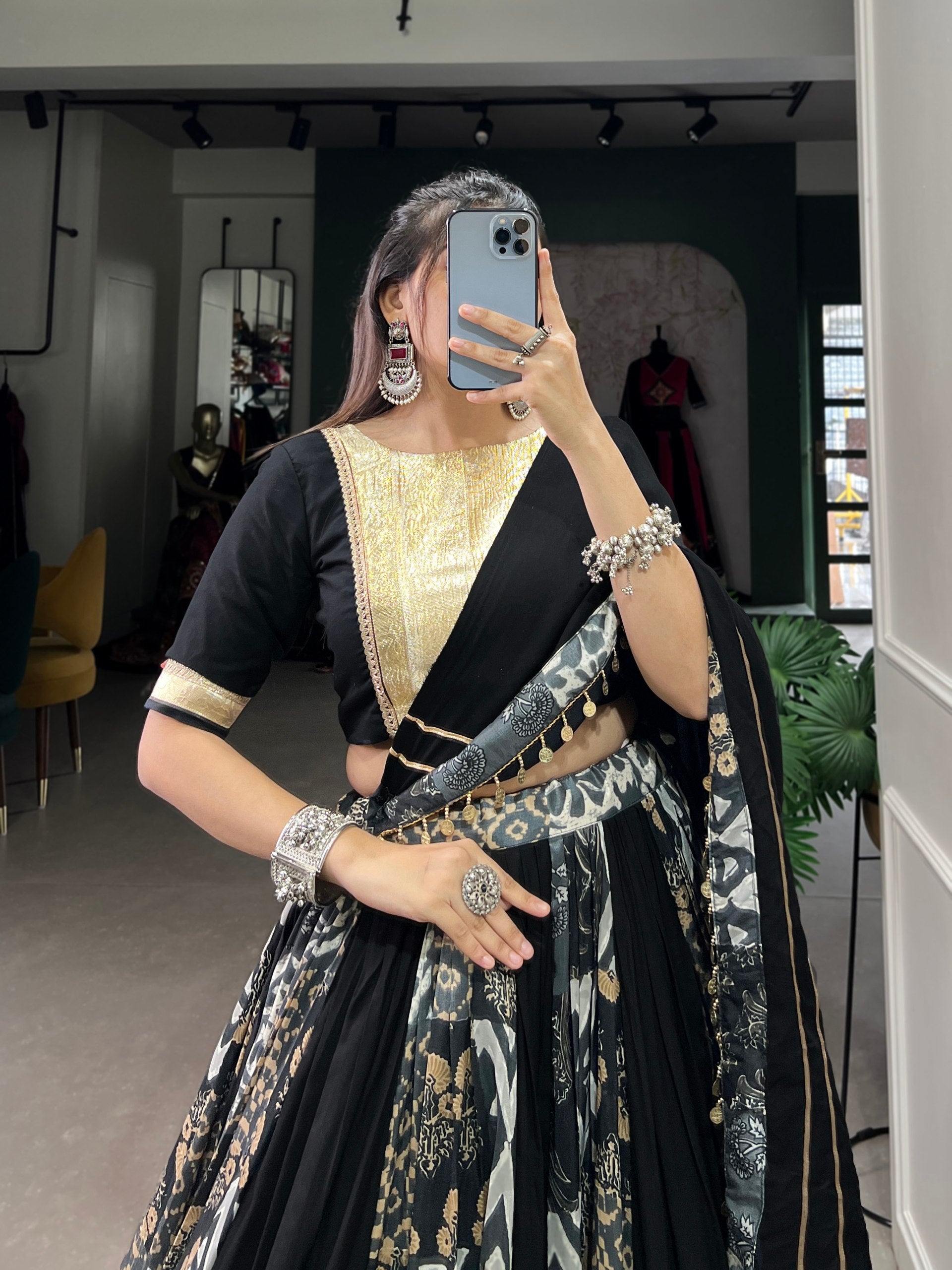 Lorenvalley Black Rayon and Tussar Silk Plain And Printed With Embossed Design Gota Lace Lehenga Choli with Dupatta