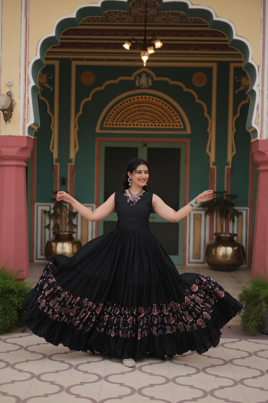 Lorenvalley Black Rayon Fabric with Printed Attached In Frill And Neck Gown