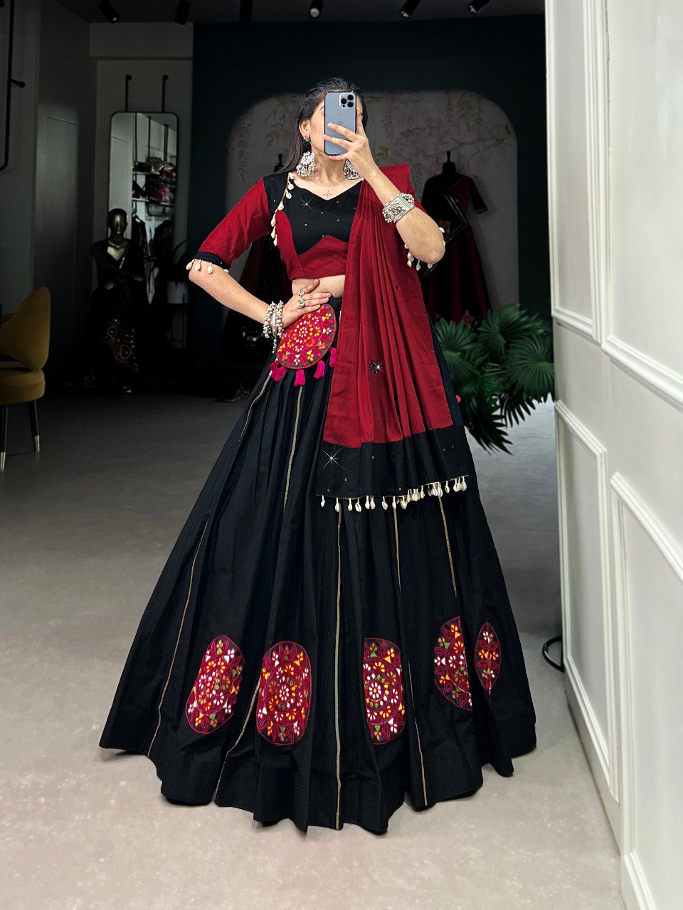 Lorenvalley Black Pure Cotton Plain And Gamthi Patch Work With Gota Patti Lehenga Choli with Dupatta