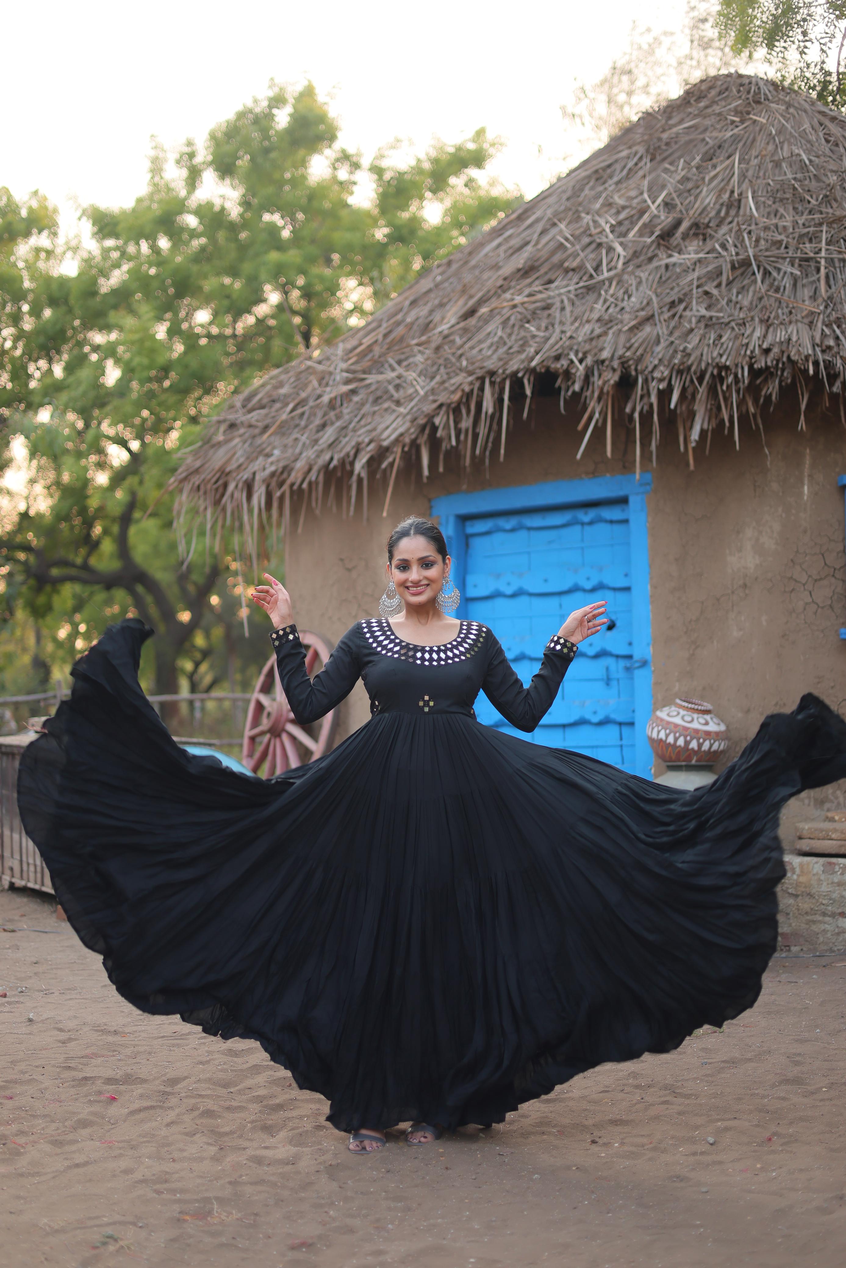 Lorenvalley Black Rayon Fabric With Real Mirror Work Gown