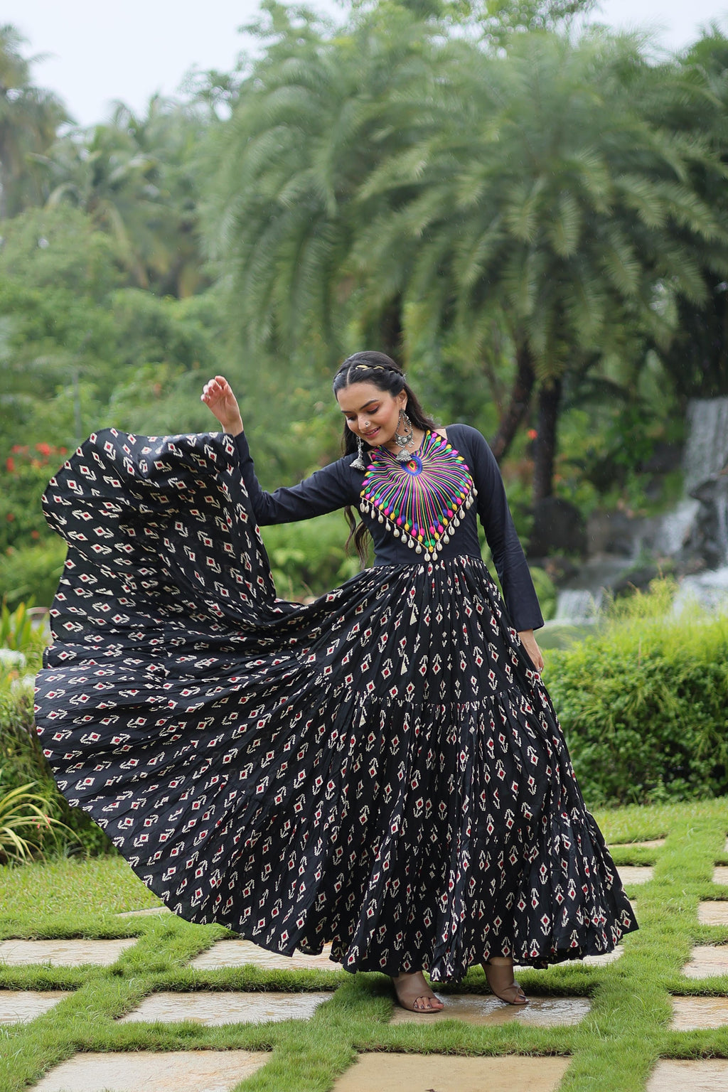 Lorenvalley Black Cotton Printed With Kutchi Gamthi Work and Kodi Lace Gown