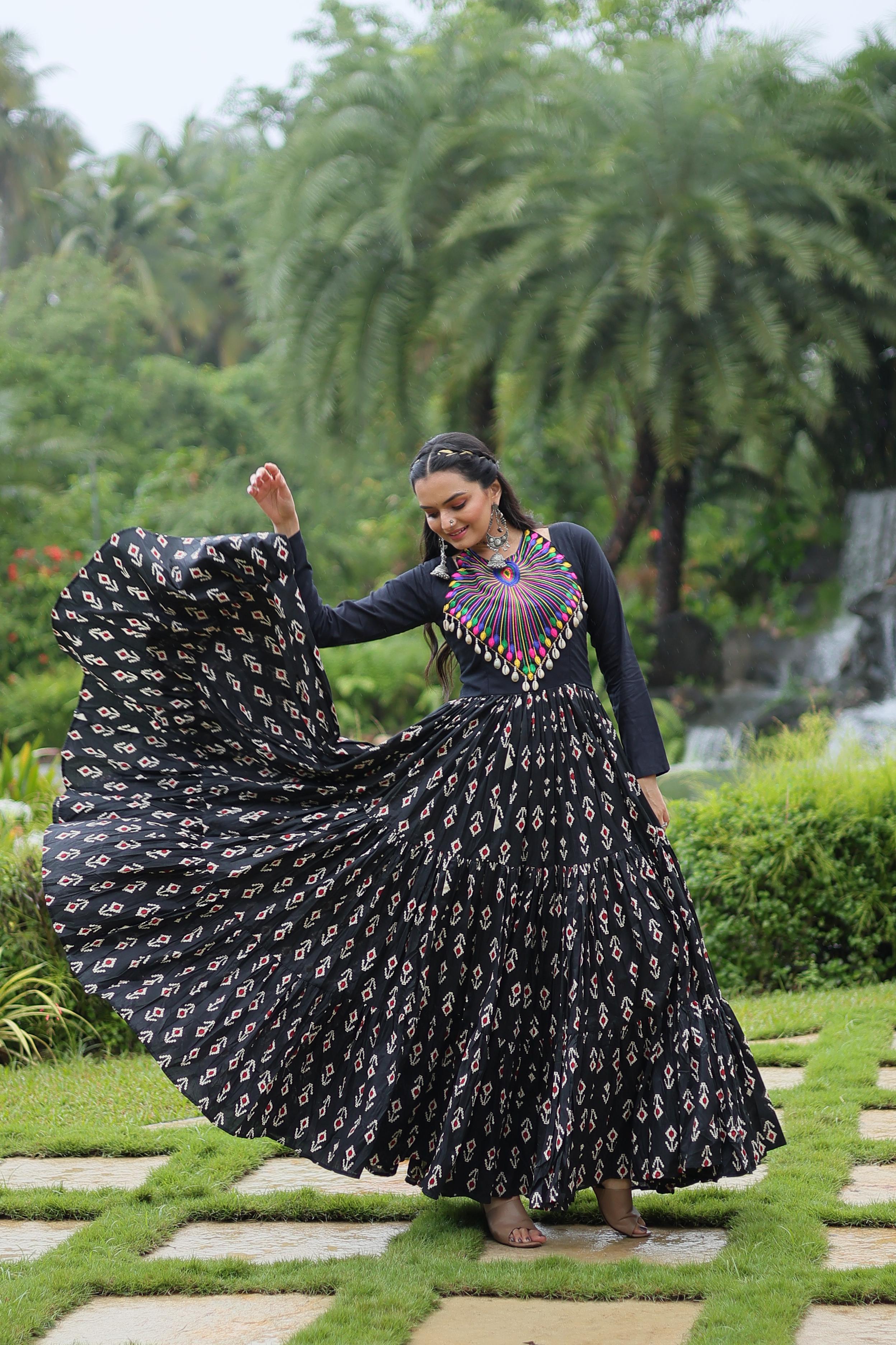 Lorenvalley Black Cotton Printed With Kutchi Gamthi Work and Kodi Lace Gown