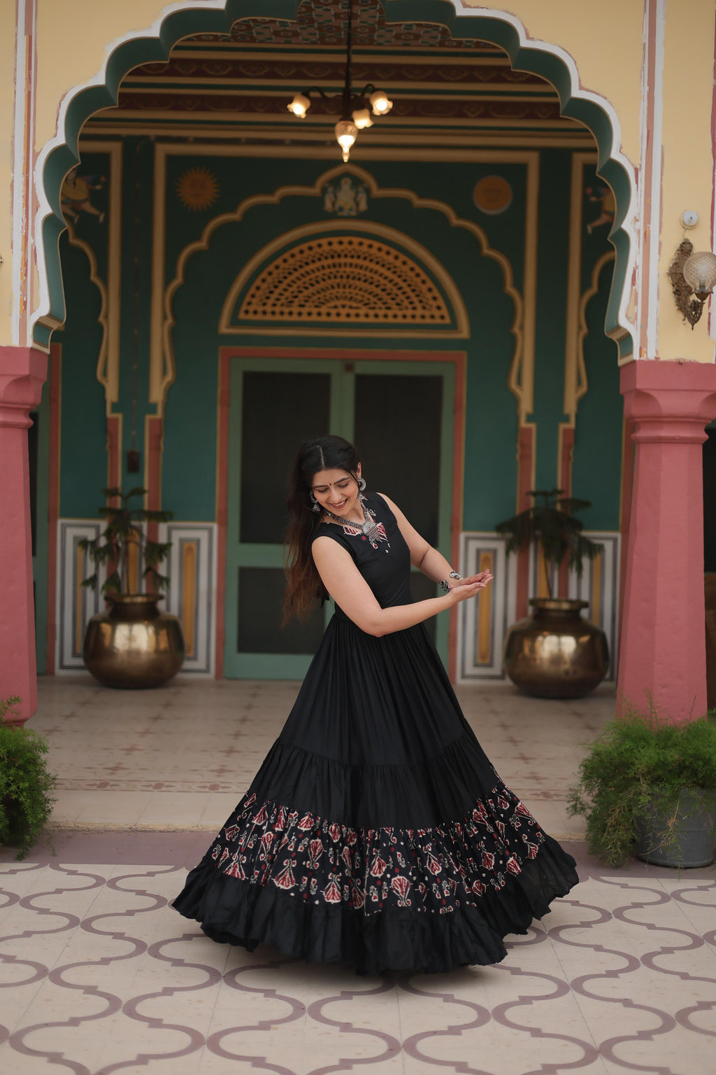Lorenvalley Black Rayon Fabric with Printed Attached In Frill And Neck Gown