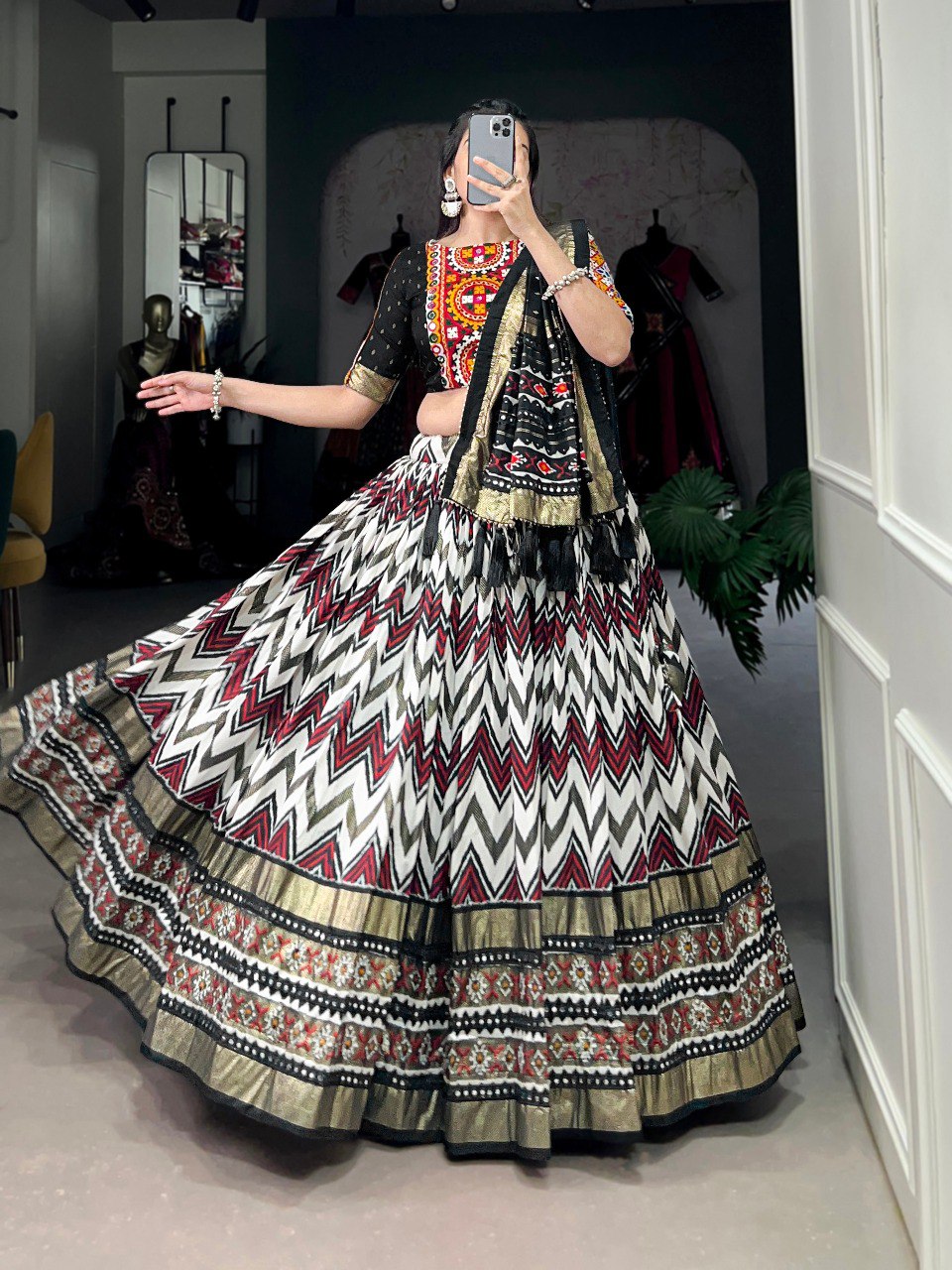 Lorenvalley Black Tussar Silk Leheriya Print with Foil Print and Paper Mirror Work Lace Lehenga Choli with Dupatta
