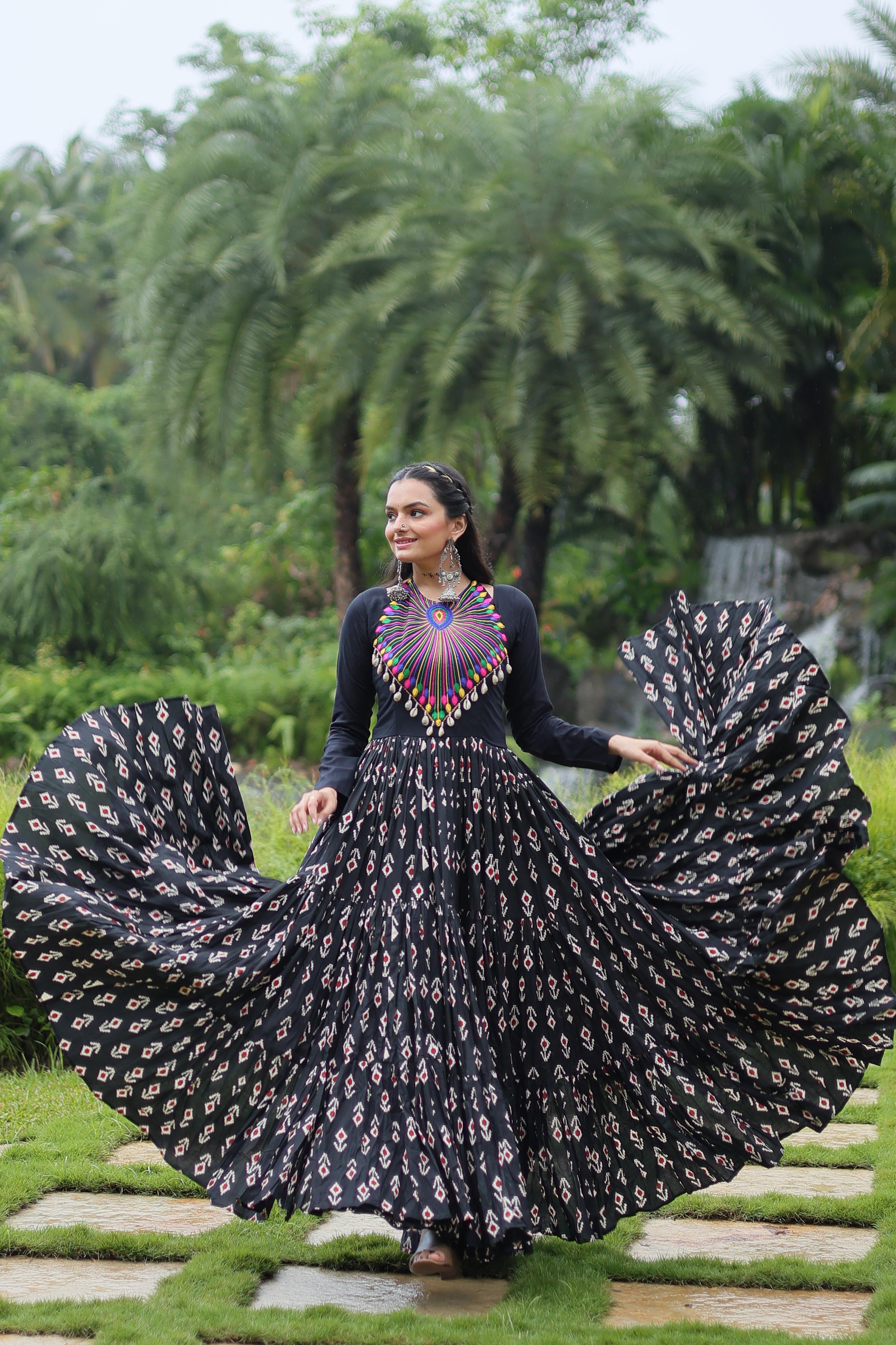 Lorenvalley Black Cotton Printed With Kutchi Gamthi Work and Kodi Lace Gown
