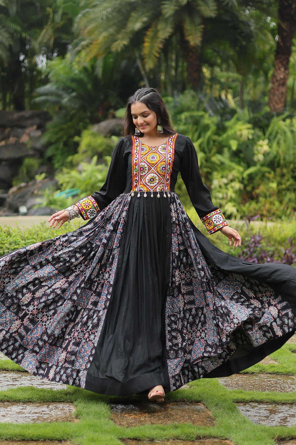 Lorenvalley Black Rayon Contrast of Printed with Kutchi Gamthi work Gown