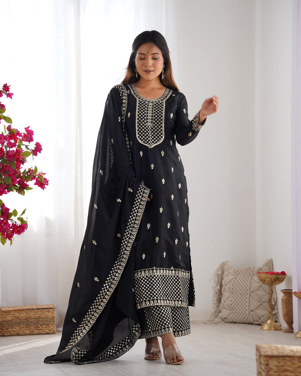 Lorenvalley Black Chinon Silk Embroidery Sequence and Jari Work Kurta Trousers with Dupatta Set