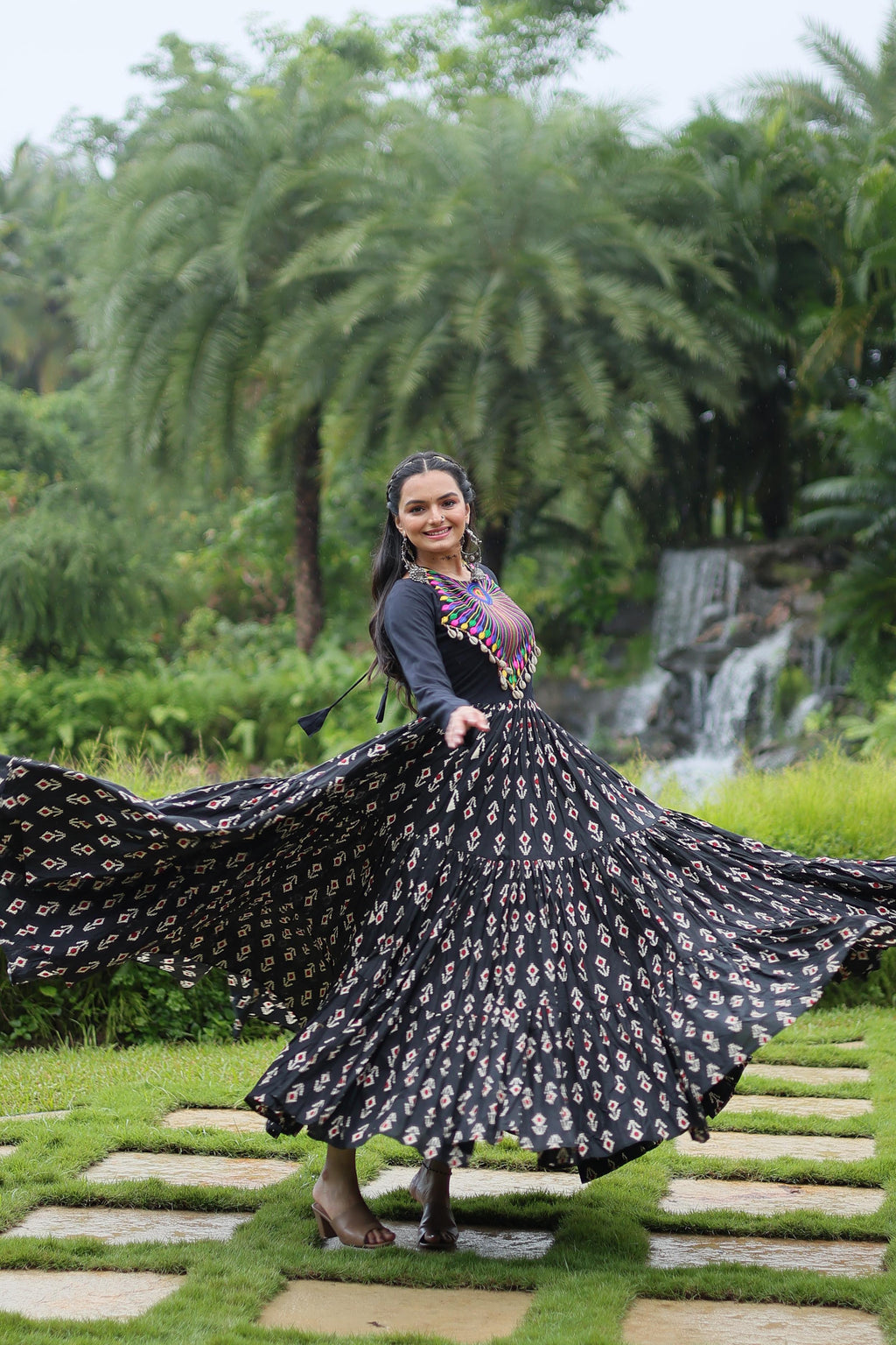 Lorenvalley Black Cotton Printed With Kutchi Gamthi Work and Kodi Lace Gown