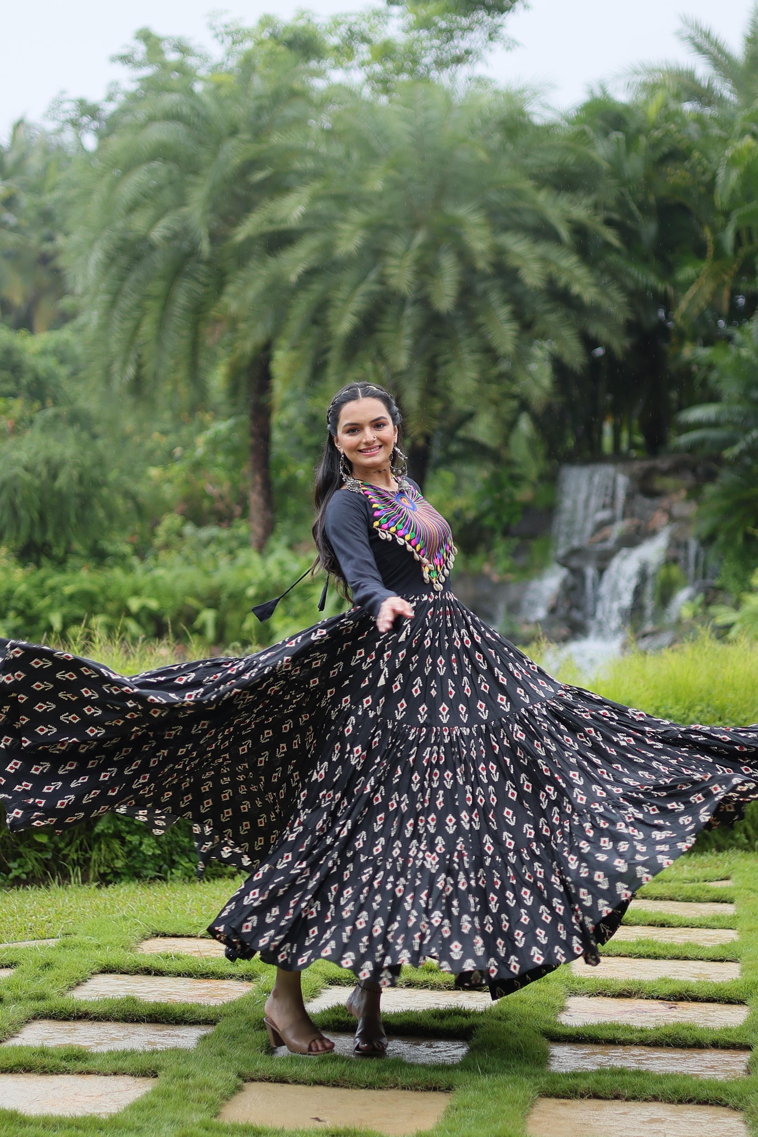 Lorenvalley Black Cotton Printed With Kutchi Gamthi Work and Kodi Lace Gown