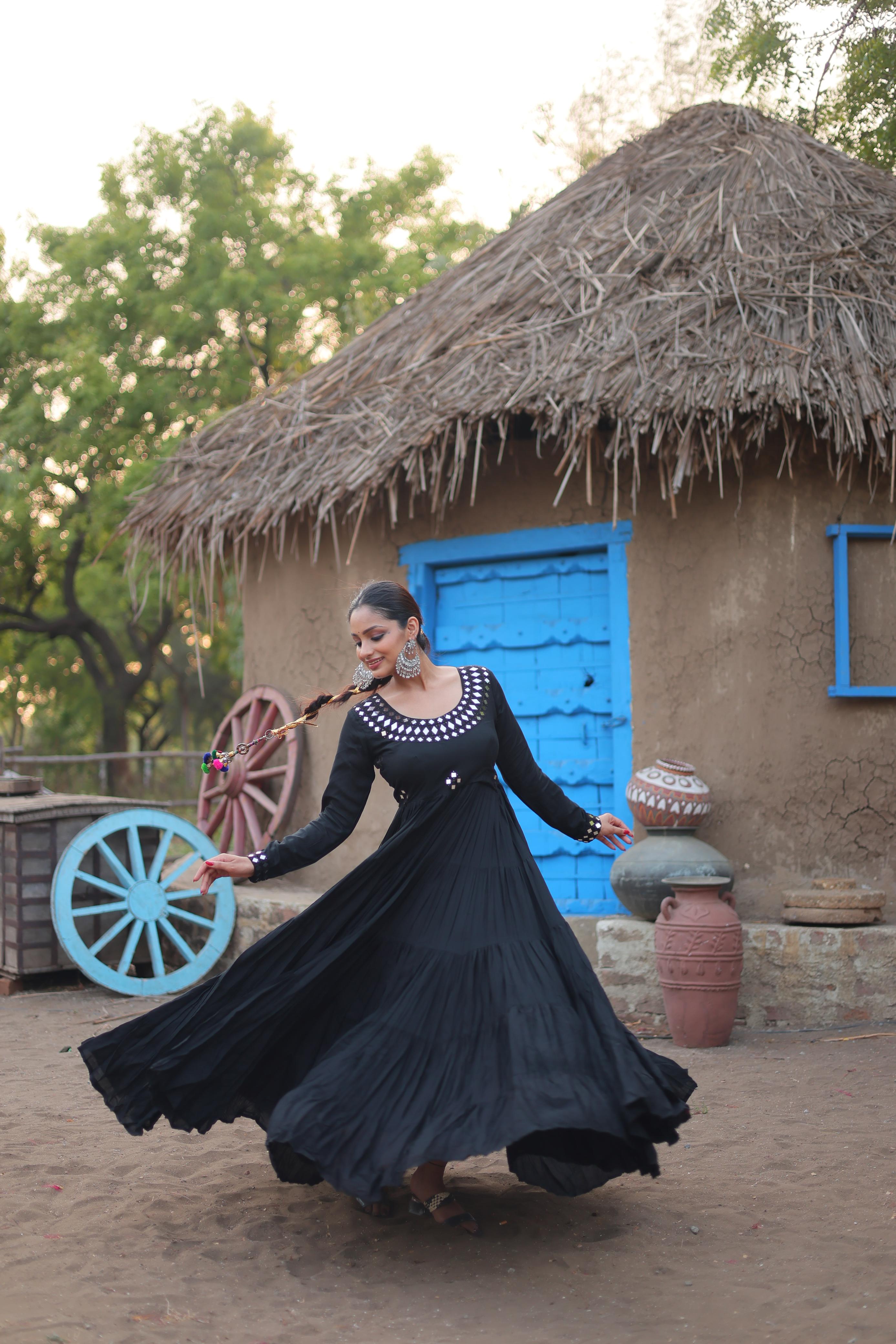 Lorenvalley Black Rayon Fabric With Real Mirror Work Gown