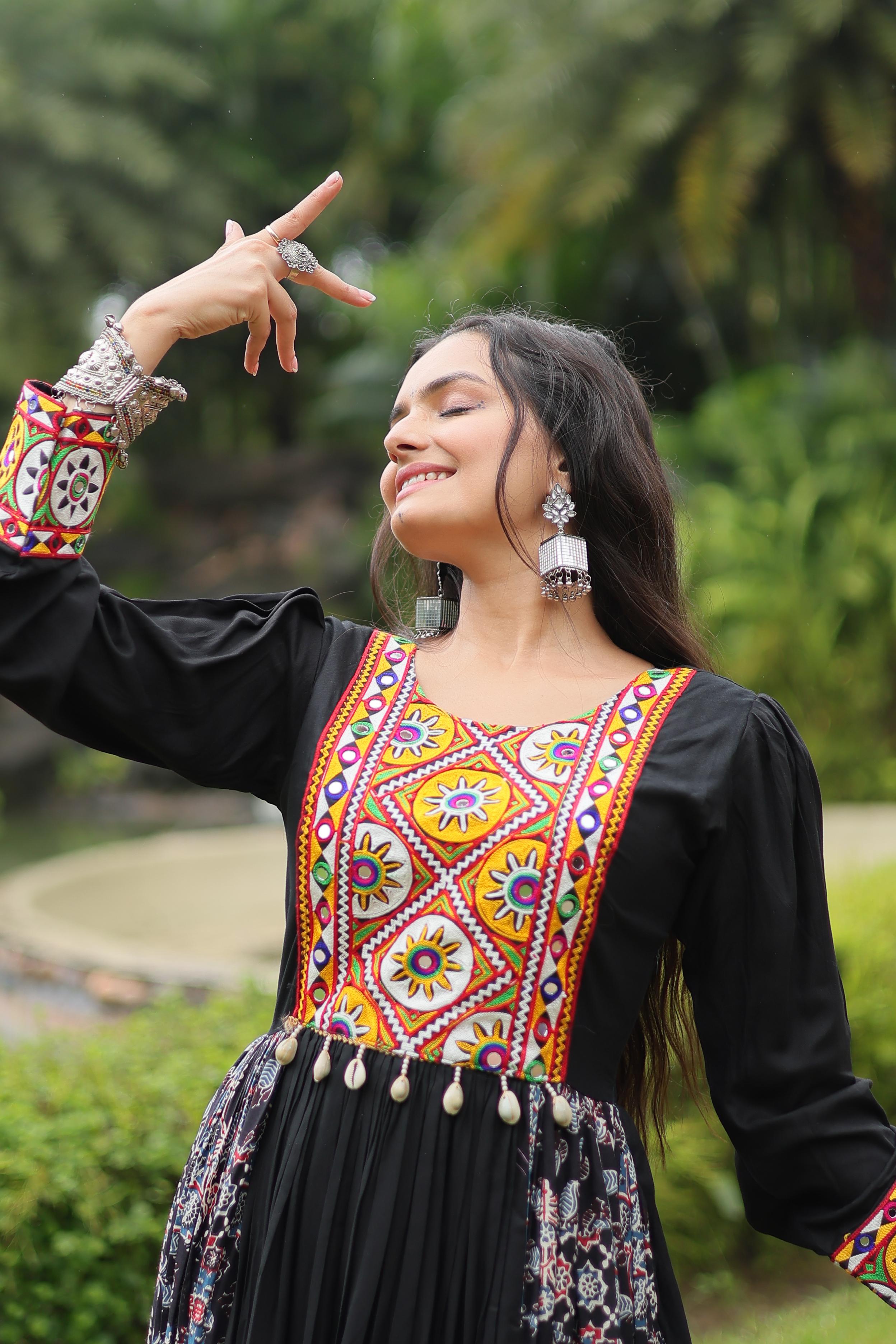 Lorenvalley Black Rayon Contrast of Printed with Kutchi Gamthi work Gown