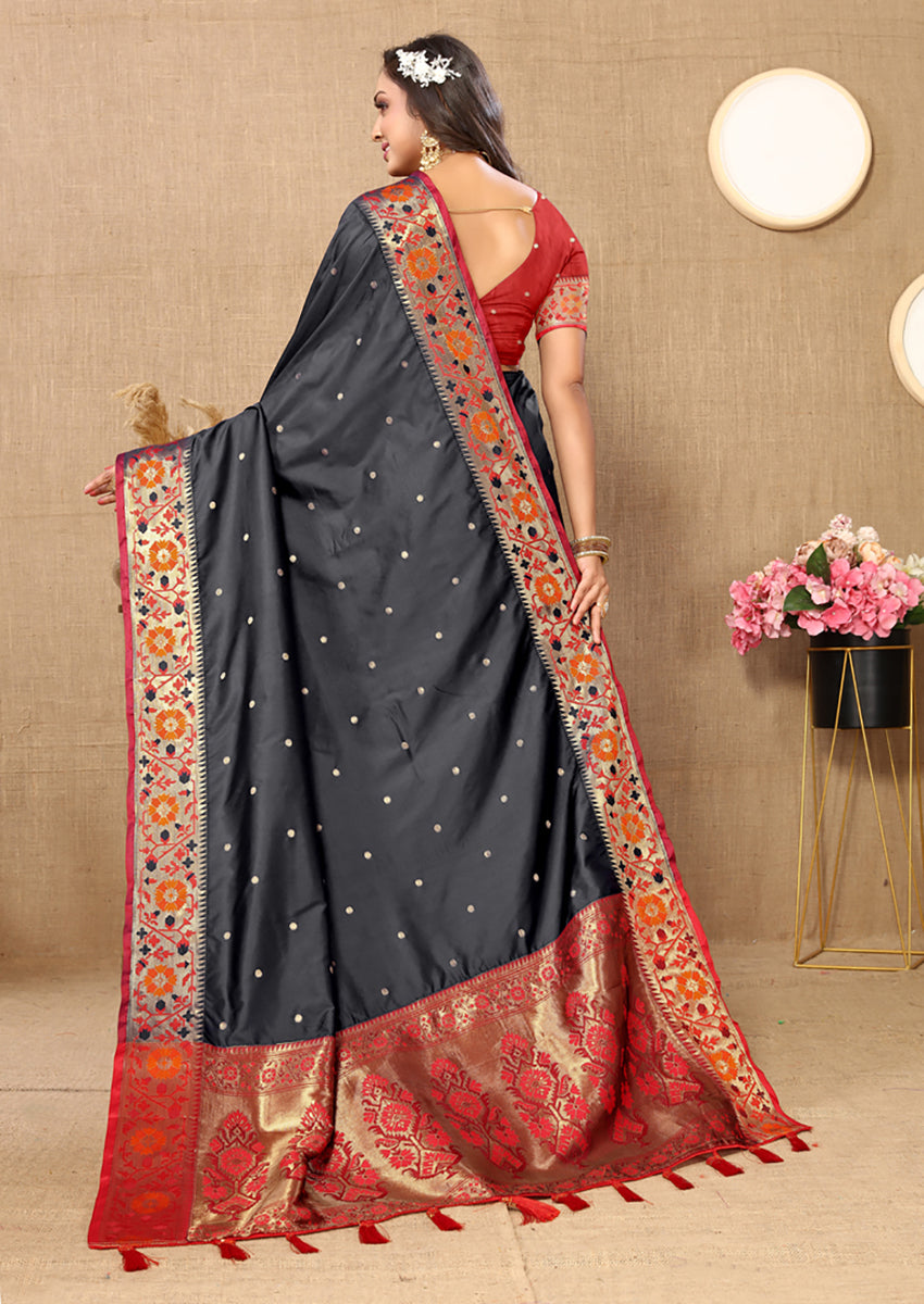 Lorenvalley Fashion Black Soft Paithani Silk Woven Design Rich Meenakari Zari Weaving Pallu Saree